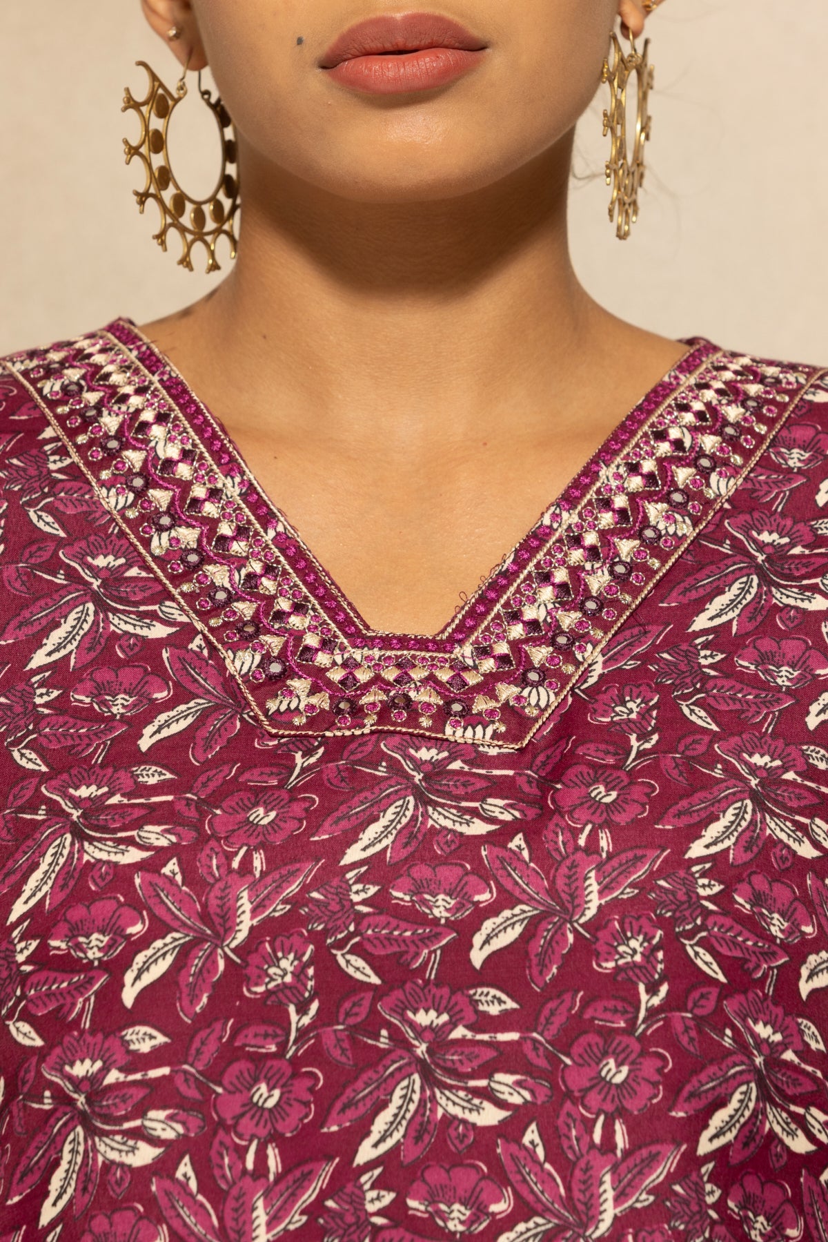 Wine Printed Kurta 3 Pcs Set