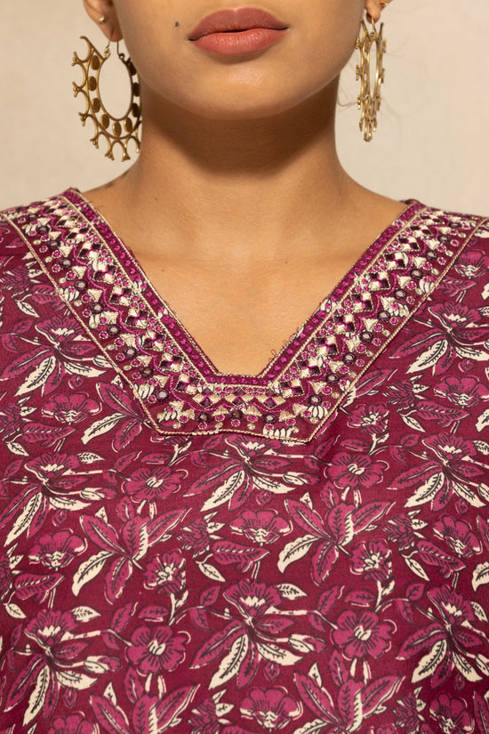 Wine Printed Kurta 3 Pcs Set