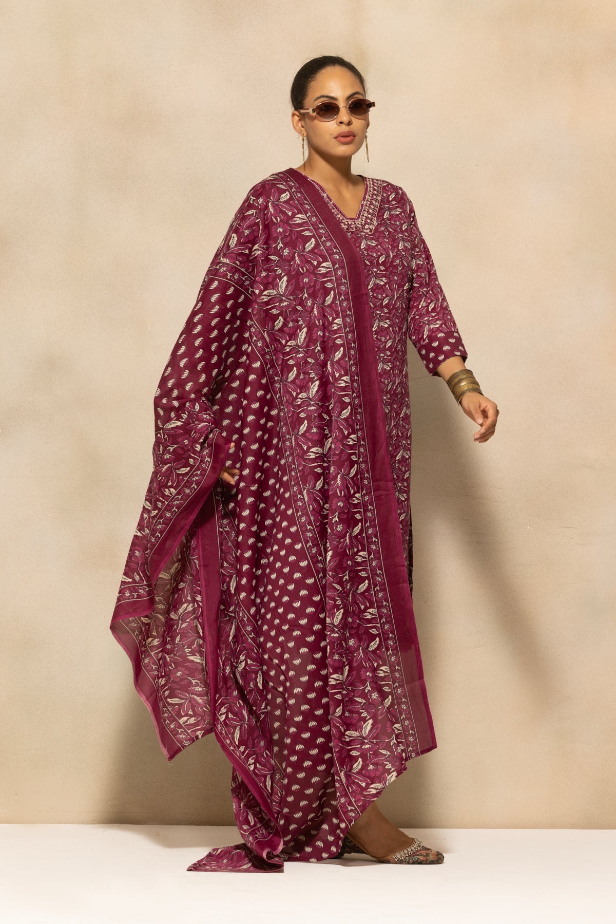 Wine Printed Kurta 3 Pcs Set