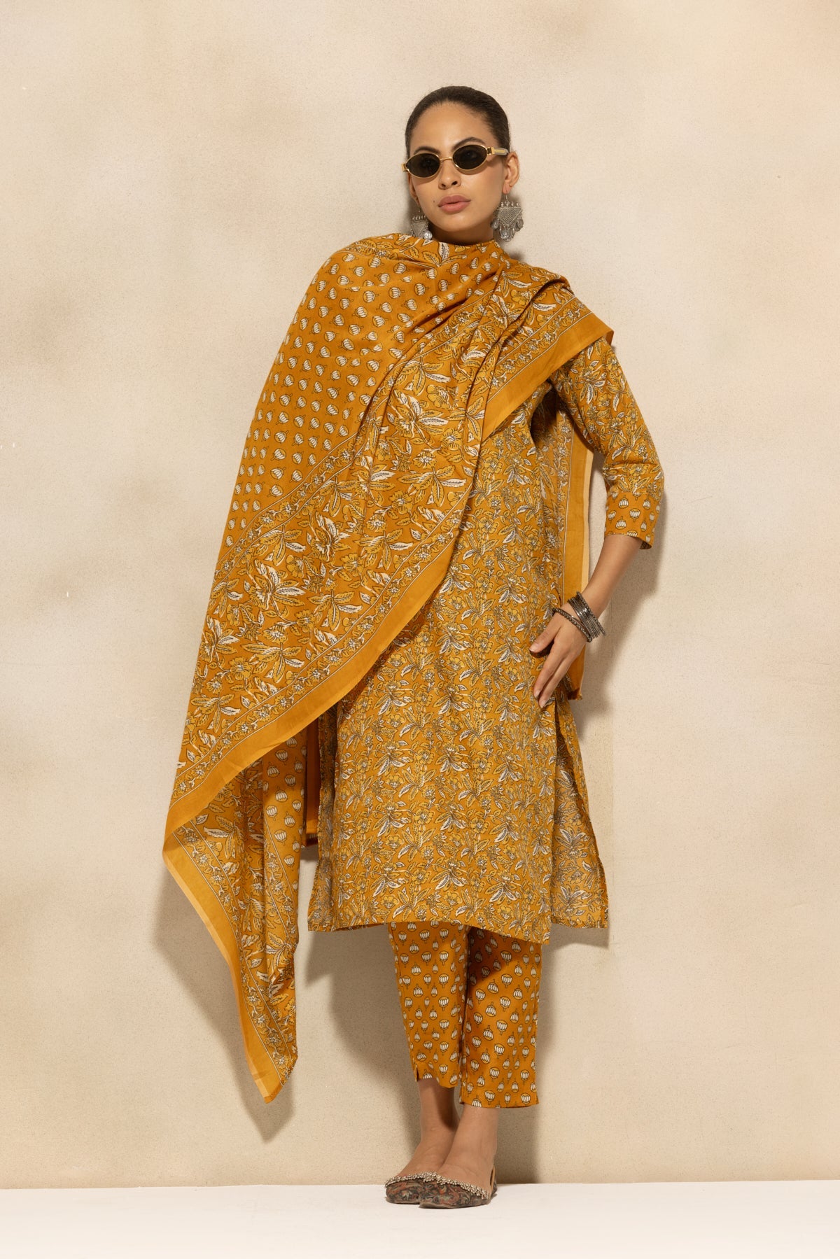 Mustard Printed Kurta 3 Pcs Set