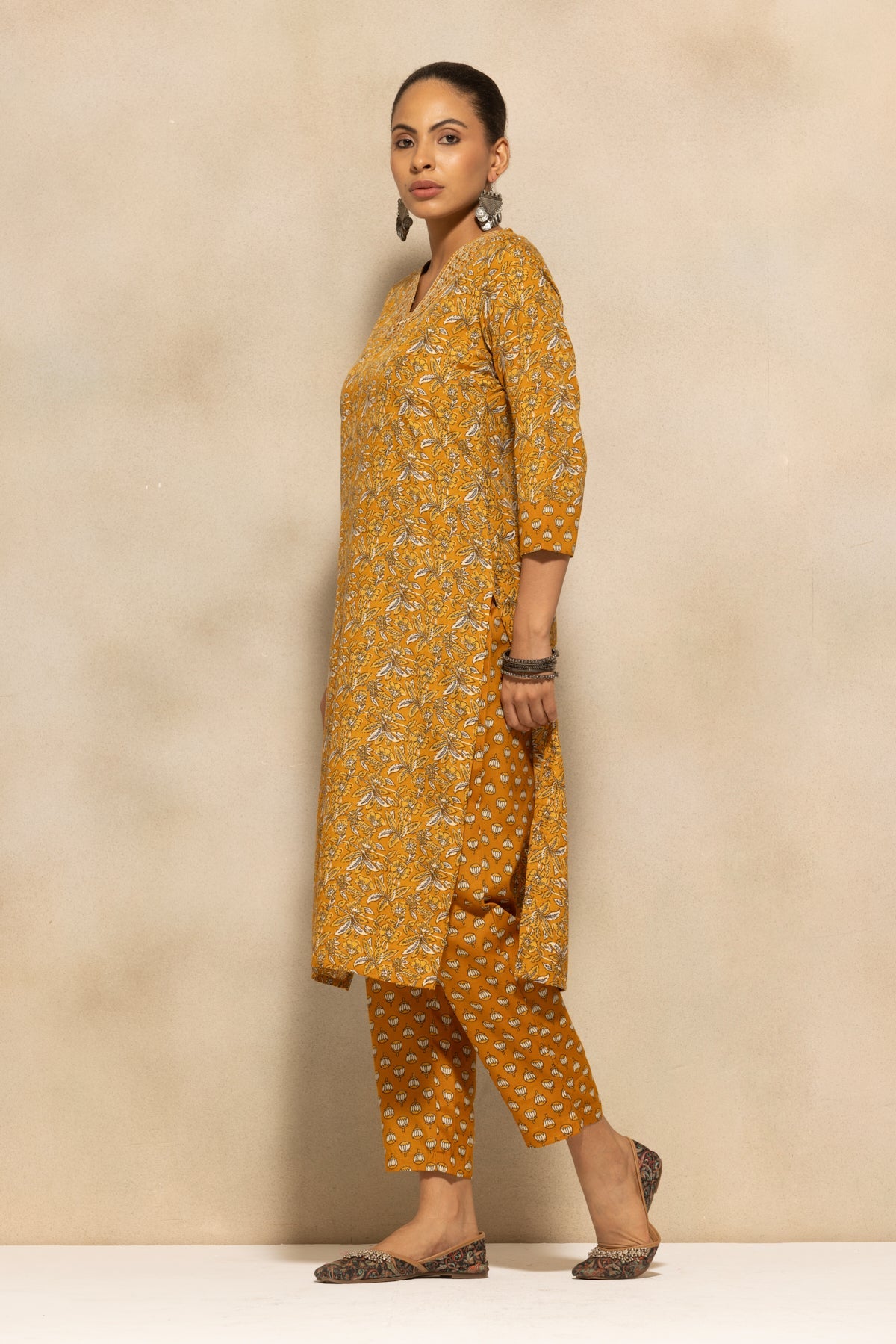 Mustard Printed Kurta 3 Pcs Set
