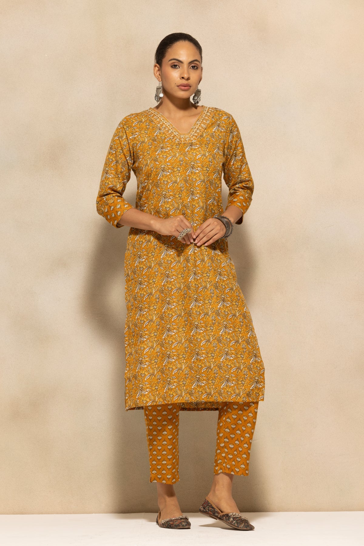 Mustard Printed Kurta 3 Pcs Set