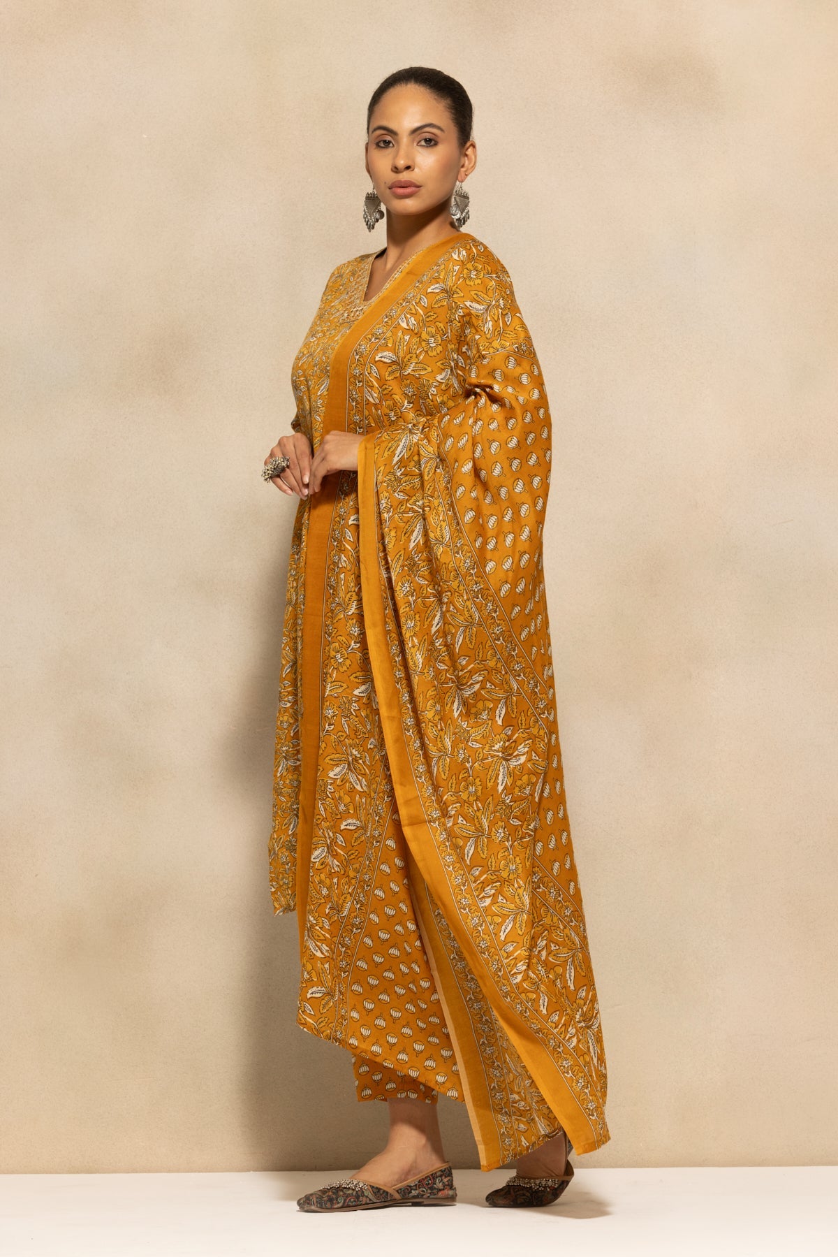 Mustard Printed Kurta 3 Pcs Set