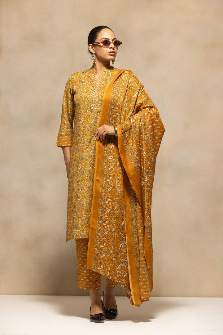 Mustard Printed Kurta 3 Pcs Set