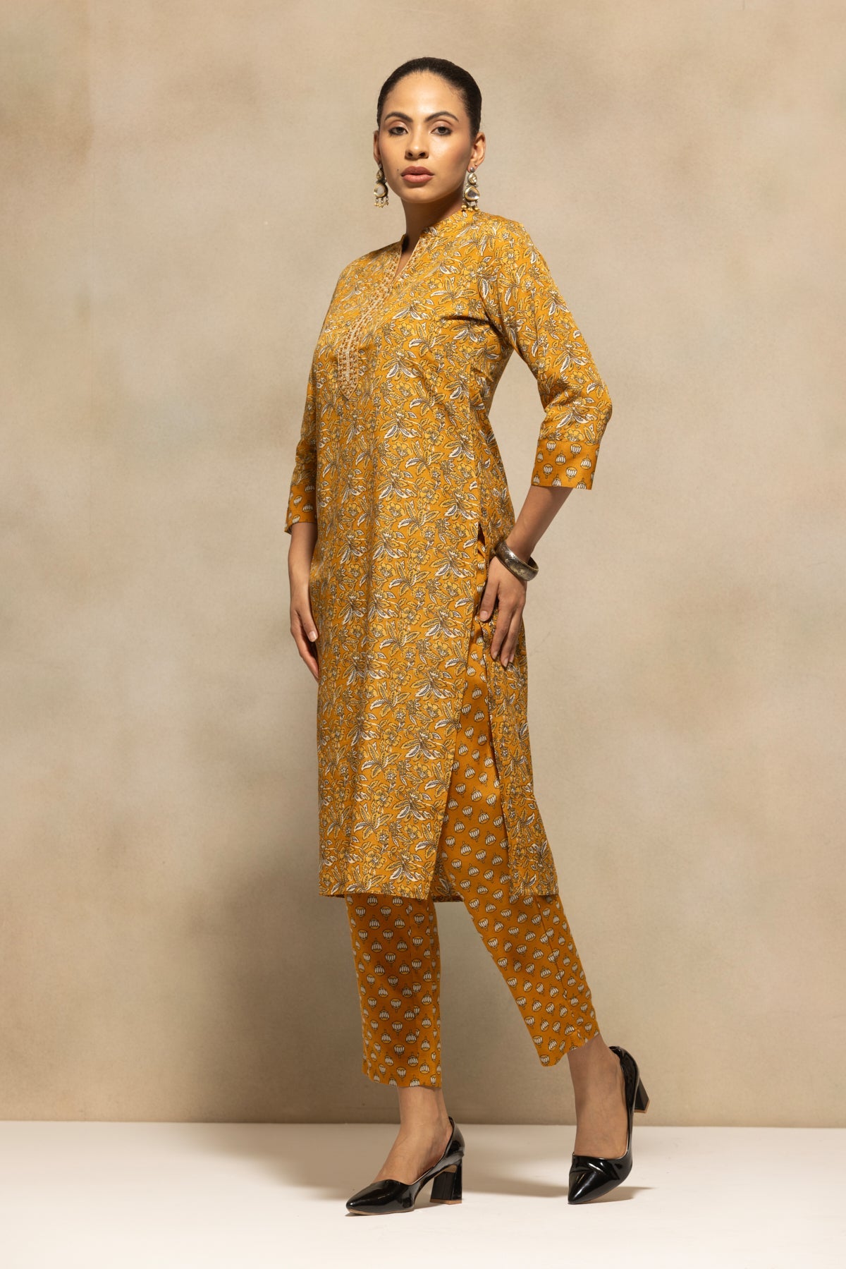 Mustard Printed Kurta 3 Pcs Set
