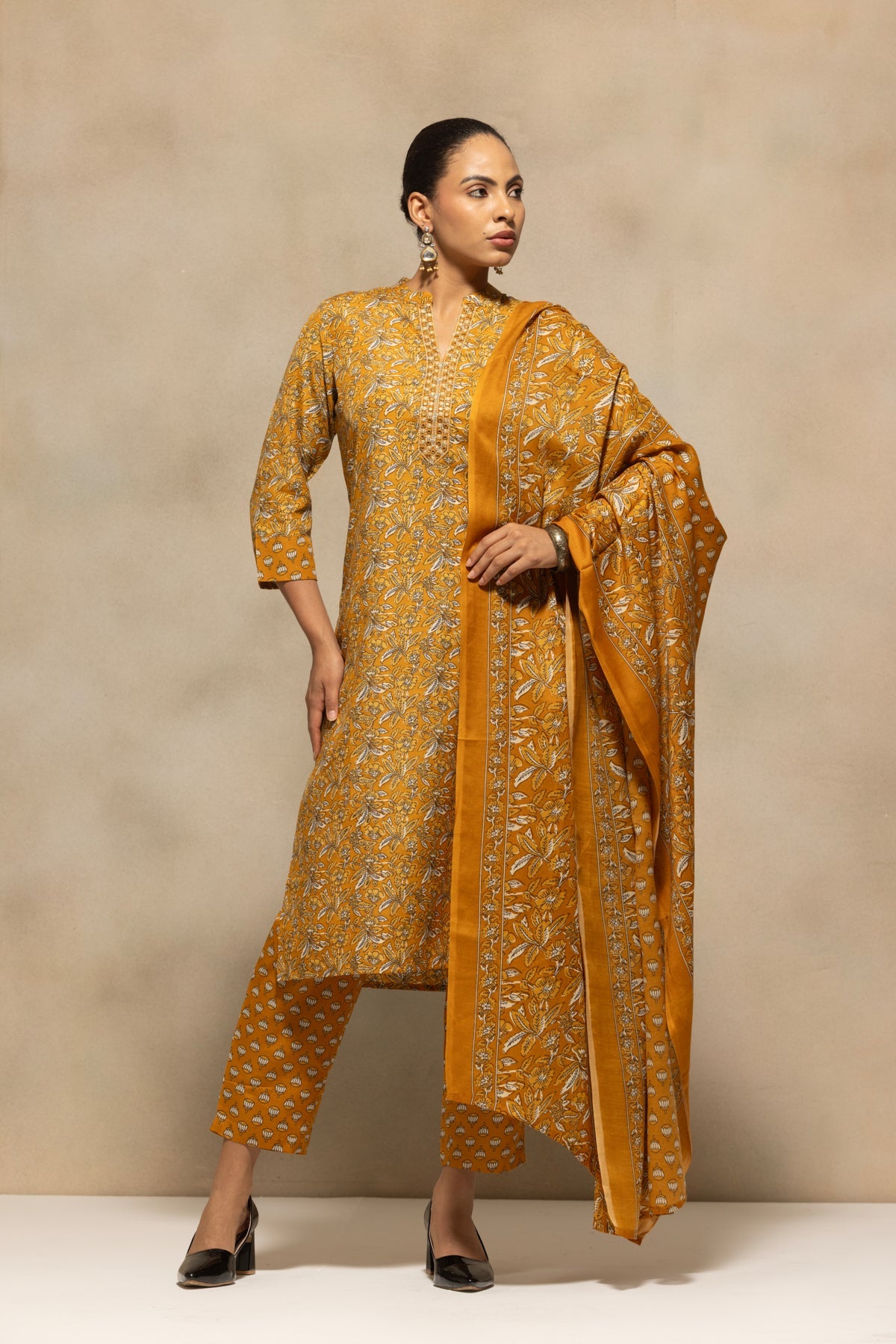 Mustard Printed Kurta 3 Pcs Set