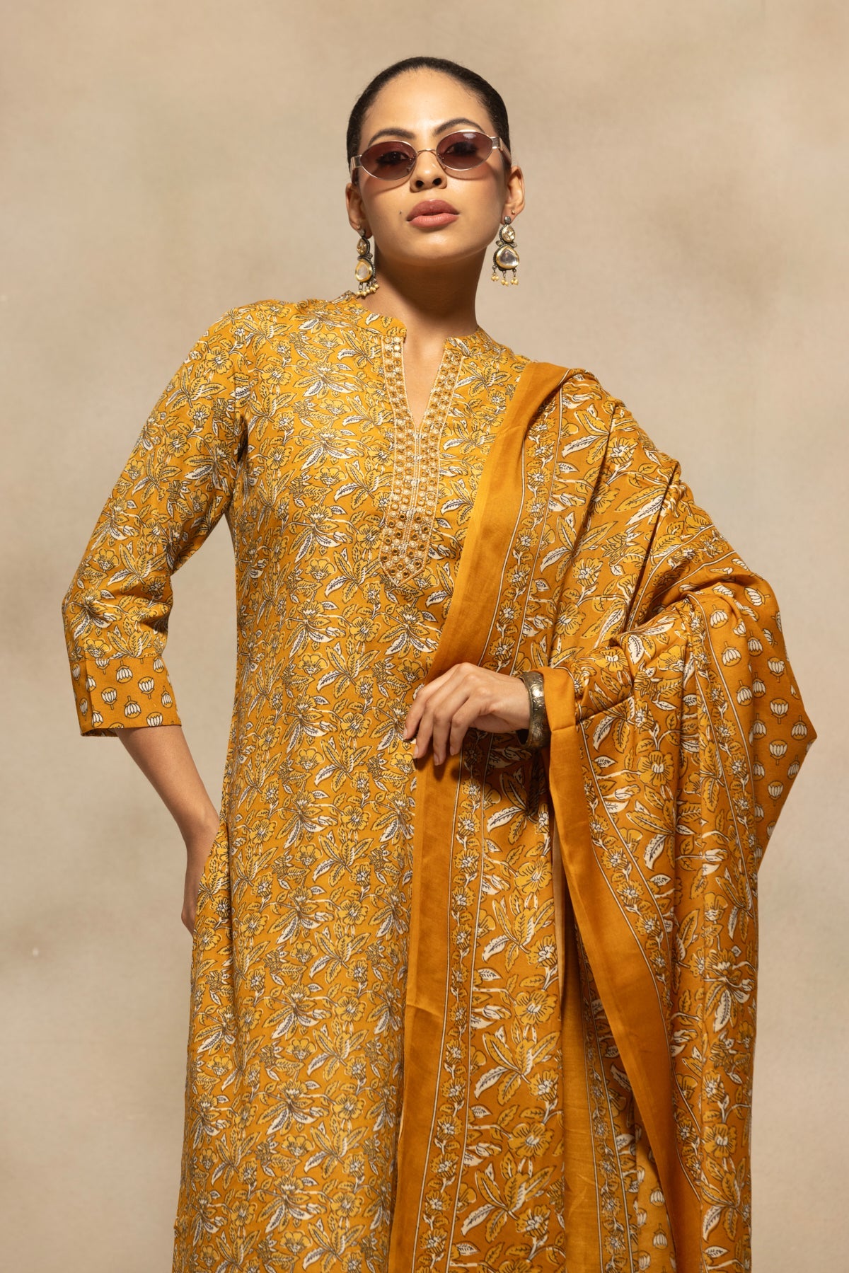 Mustard Printed Kurta 3 Pcs Set