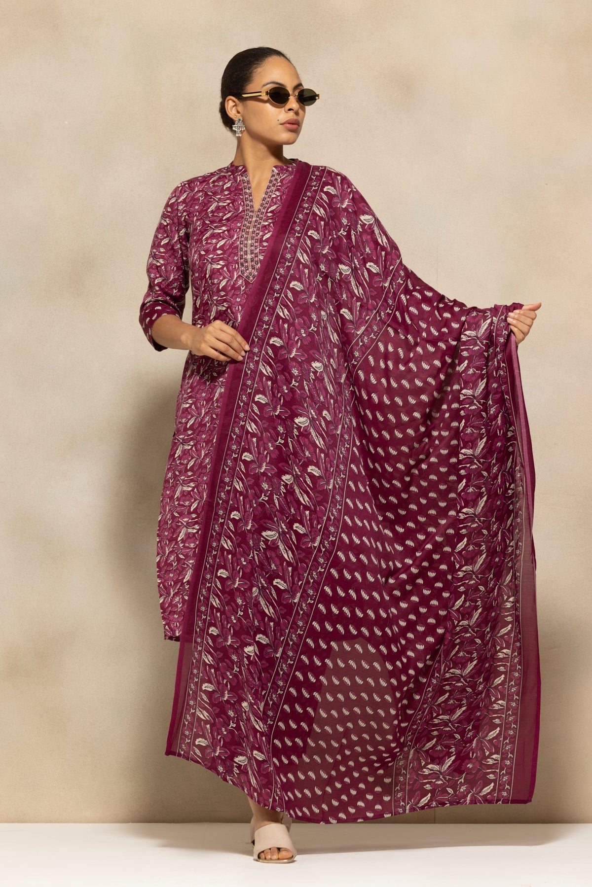 Wine Printed Kurta 3 Pcs Set