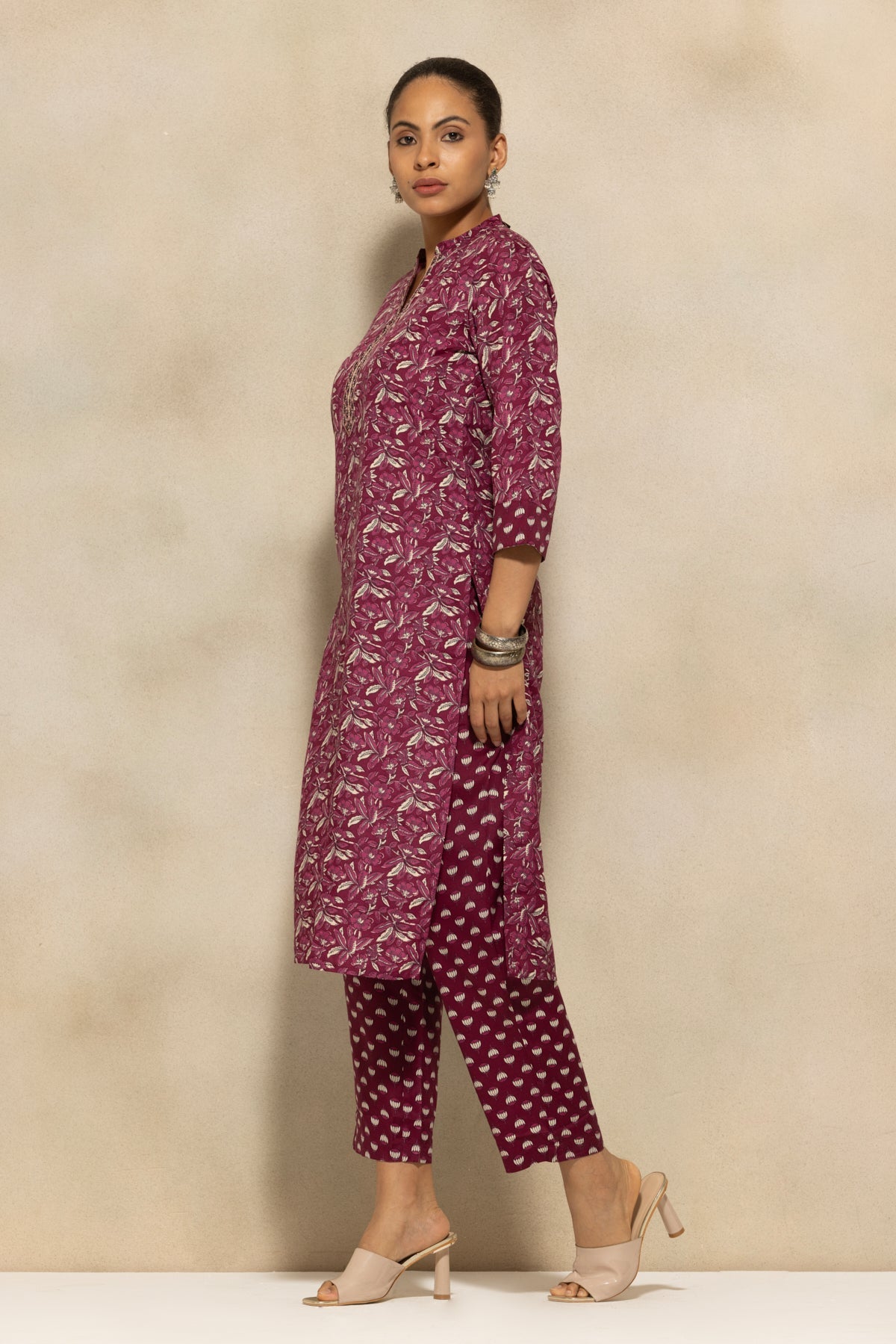 Wine Printed Kurta 3 Pcs Set