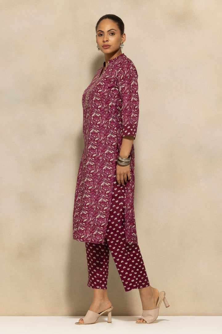 Wine Printed Kurta 3 Pcs Set