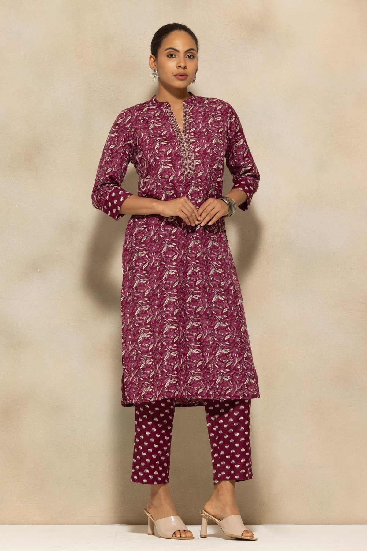 Wine Printed Kurta 3 Pcs Set