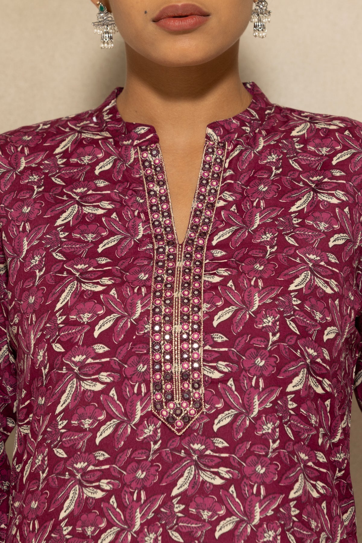 Wine Printed Kurta 3 Pcs Set