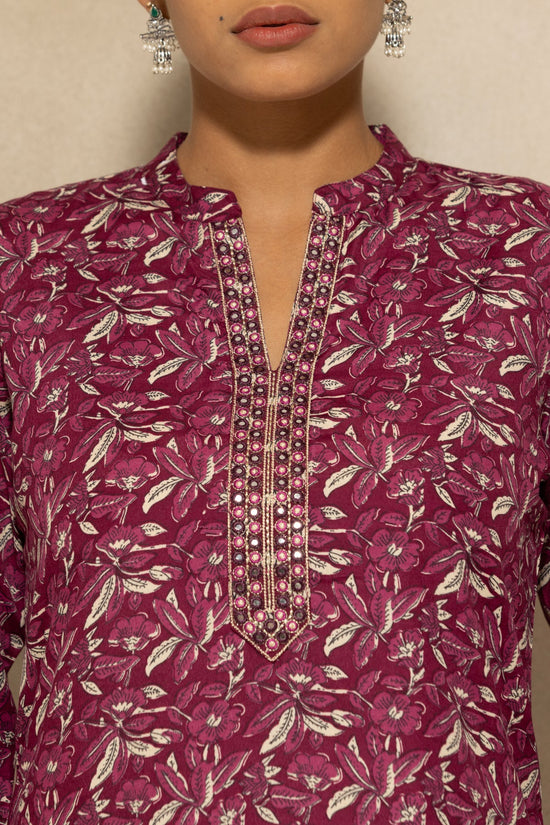Wine Printed Kurta 3 Pcs Set