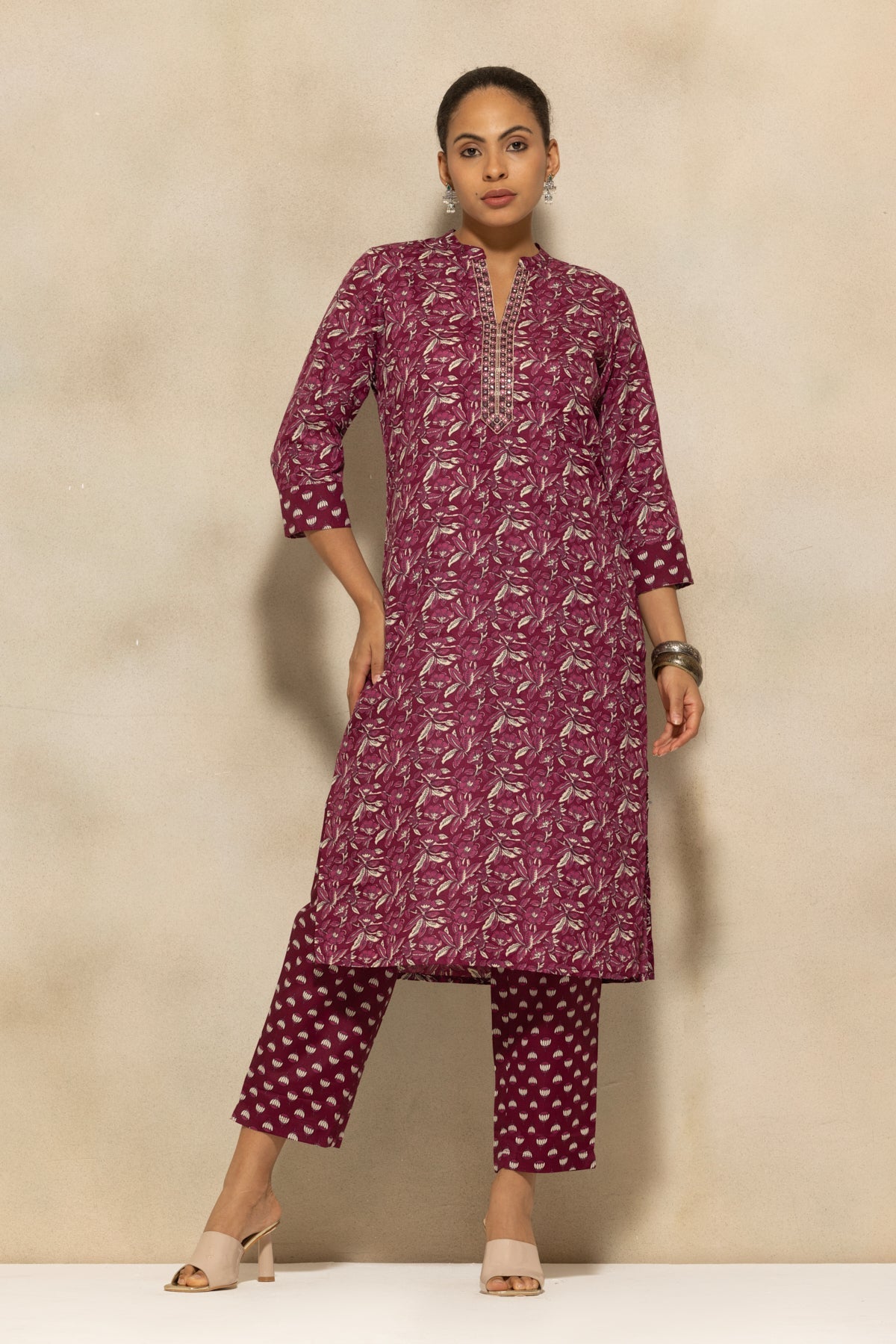 Wine Printed Kurta 3 Pcs Set