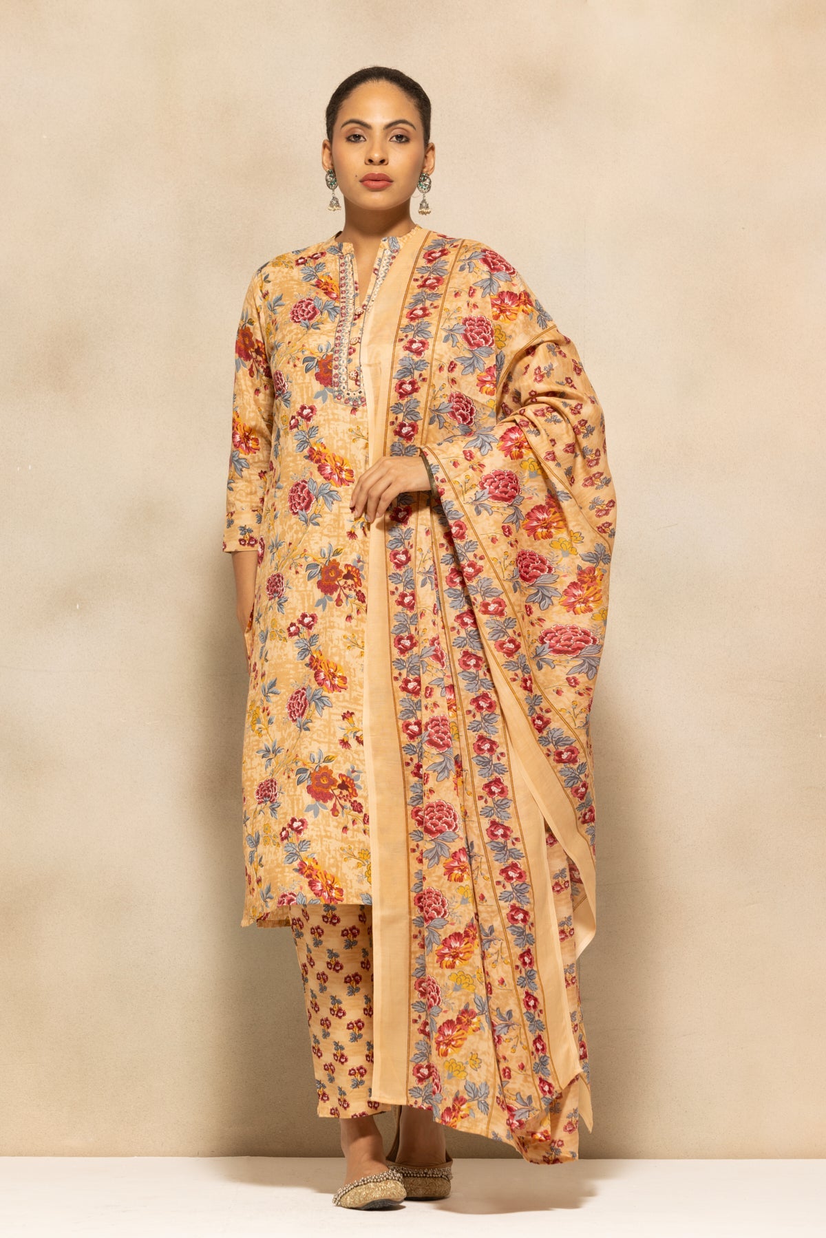 Beige Floral Printed Kurta 3 Pcs Set