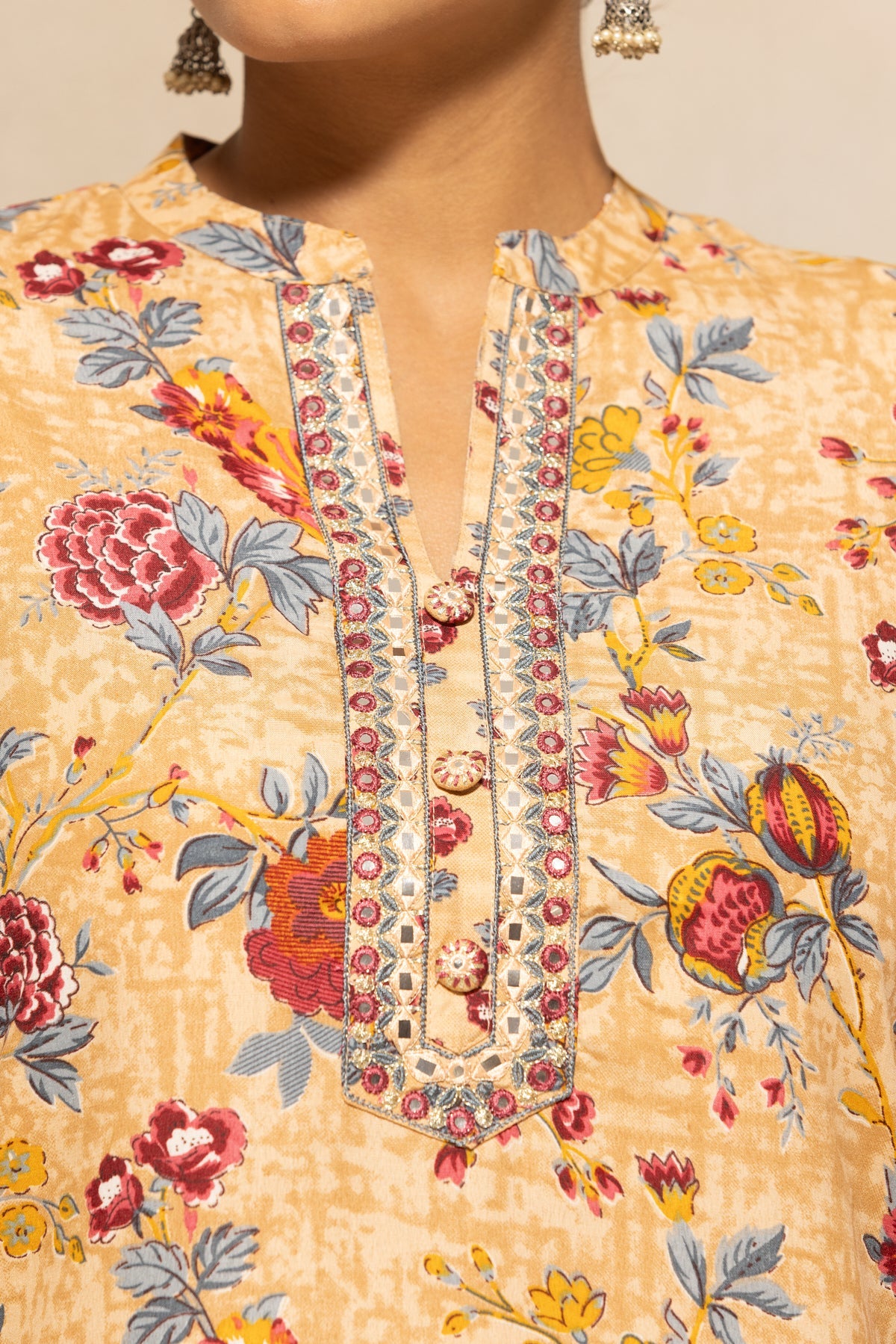 Beige Floral Printed Kurta 3 Pcs Set