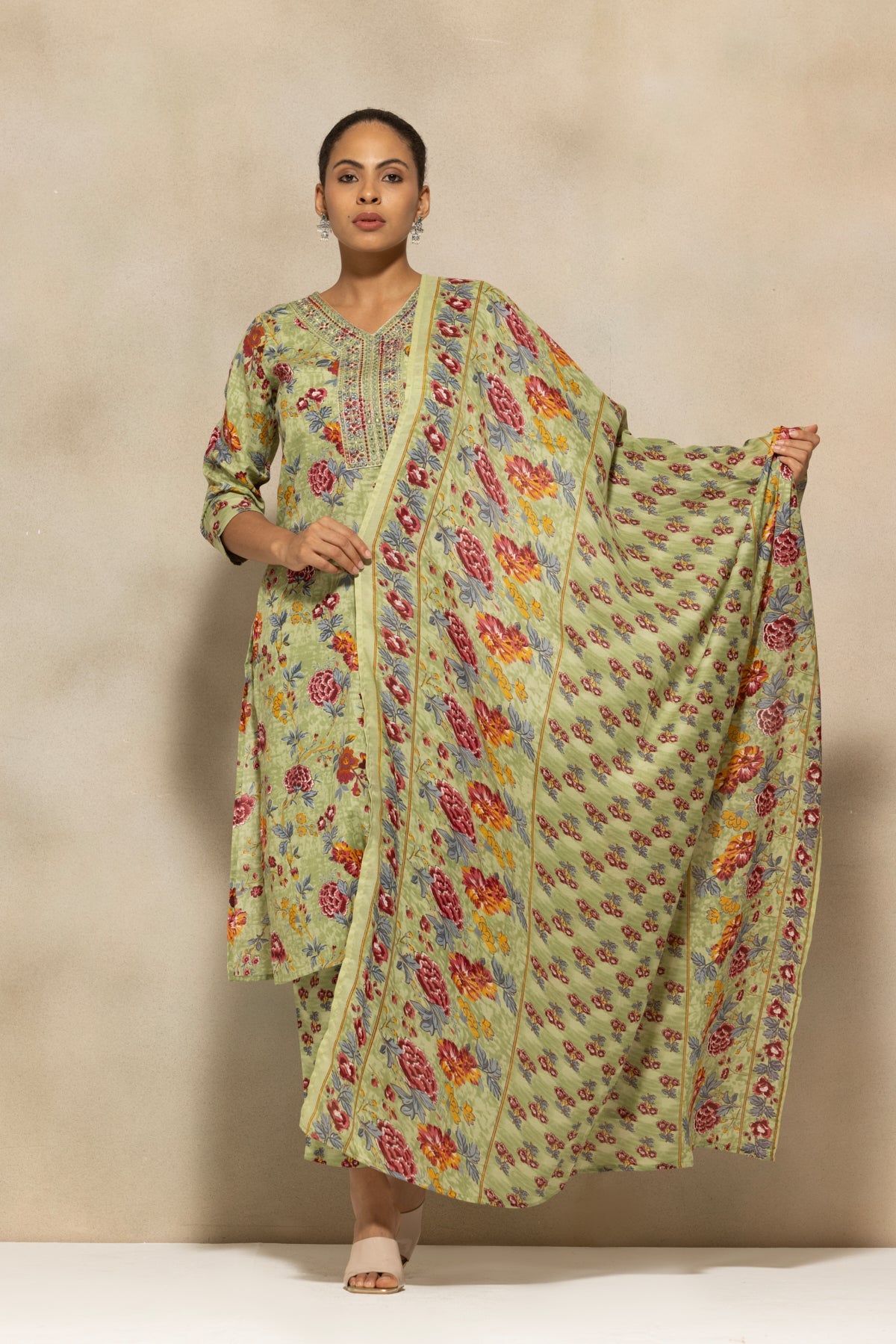 Green Printed Kurta 3 Pcs Set