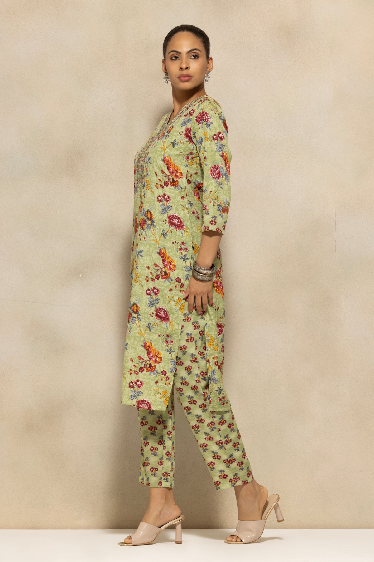 Green Printed Kurta 3 Pcs Set