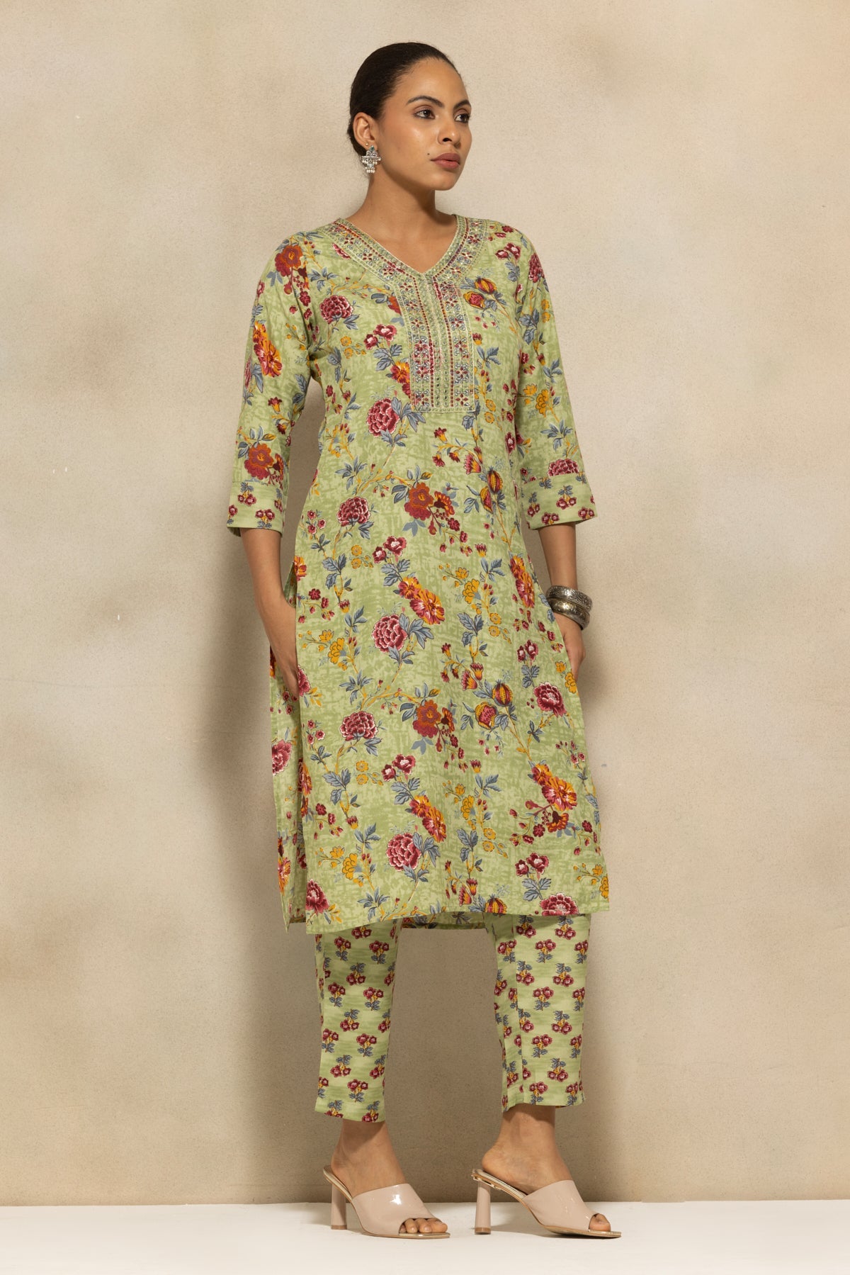 Green Printed Kurta 3 Pcs Set