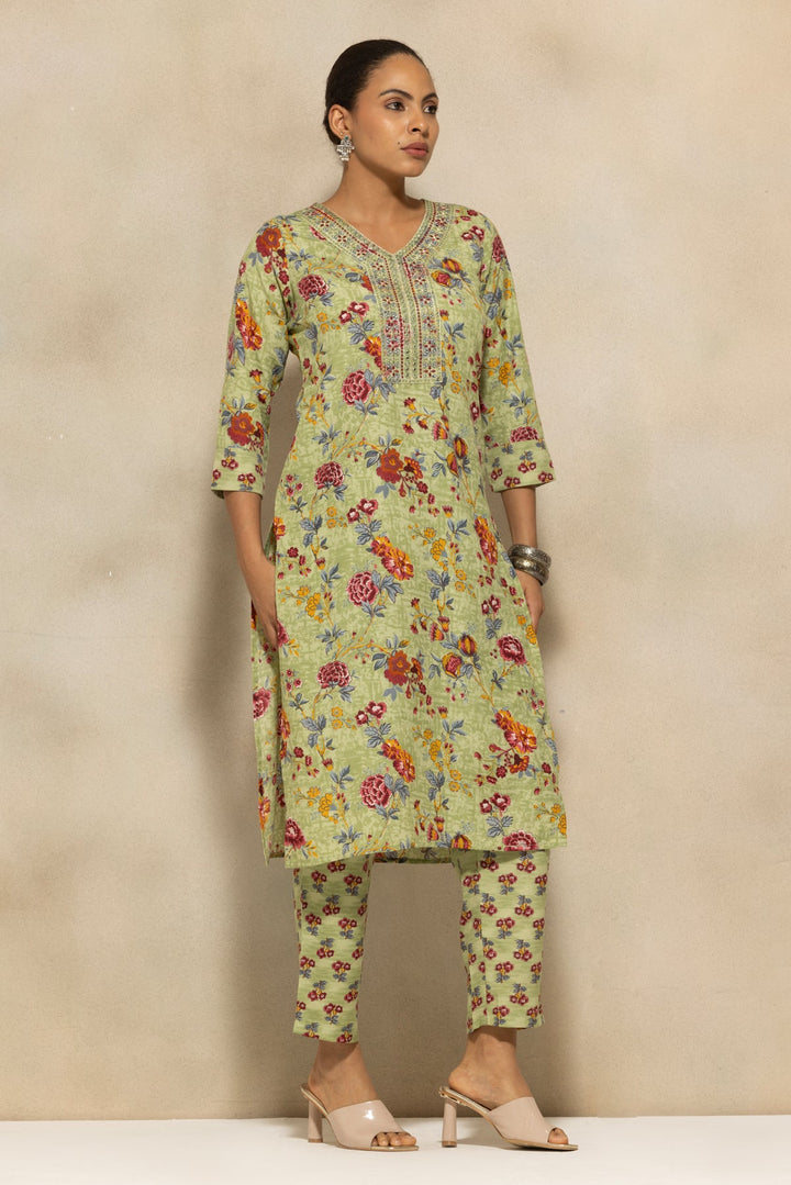 Green Printed Kurta 3 Pcs Set