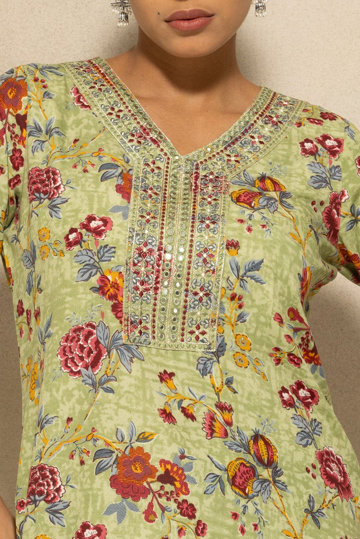 Green Printed Kurta 3 Pcs Set