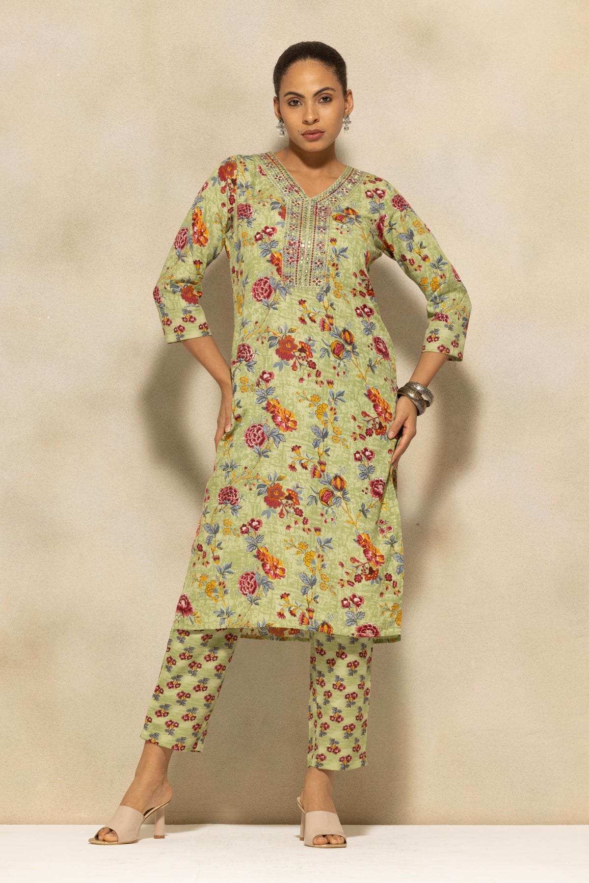 Green Printed Kurta 3 Pcs Set
