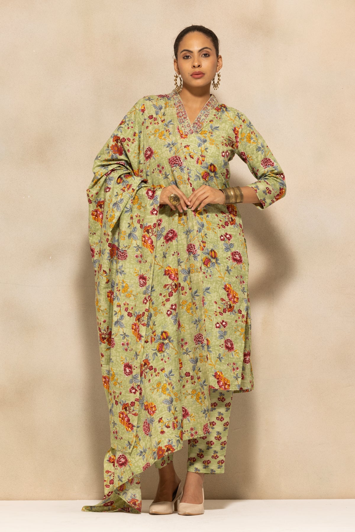 Green Floral Printed Kurta 3 Pcs Set