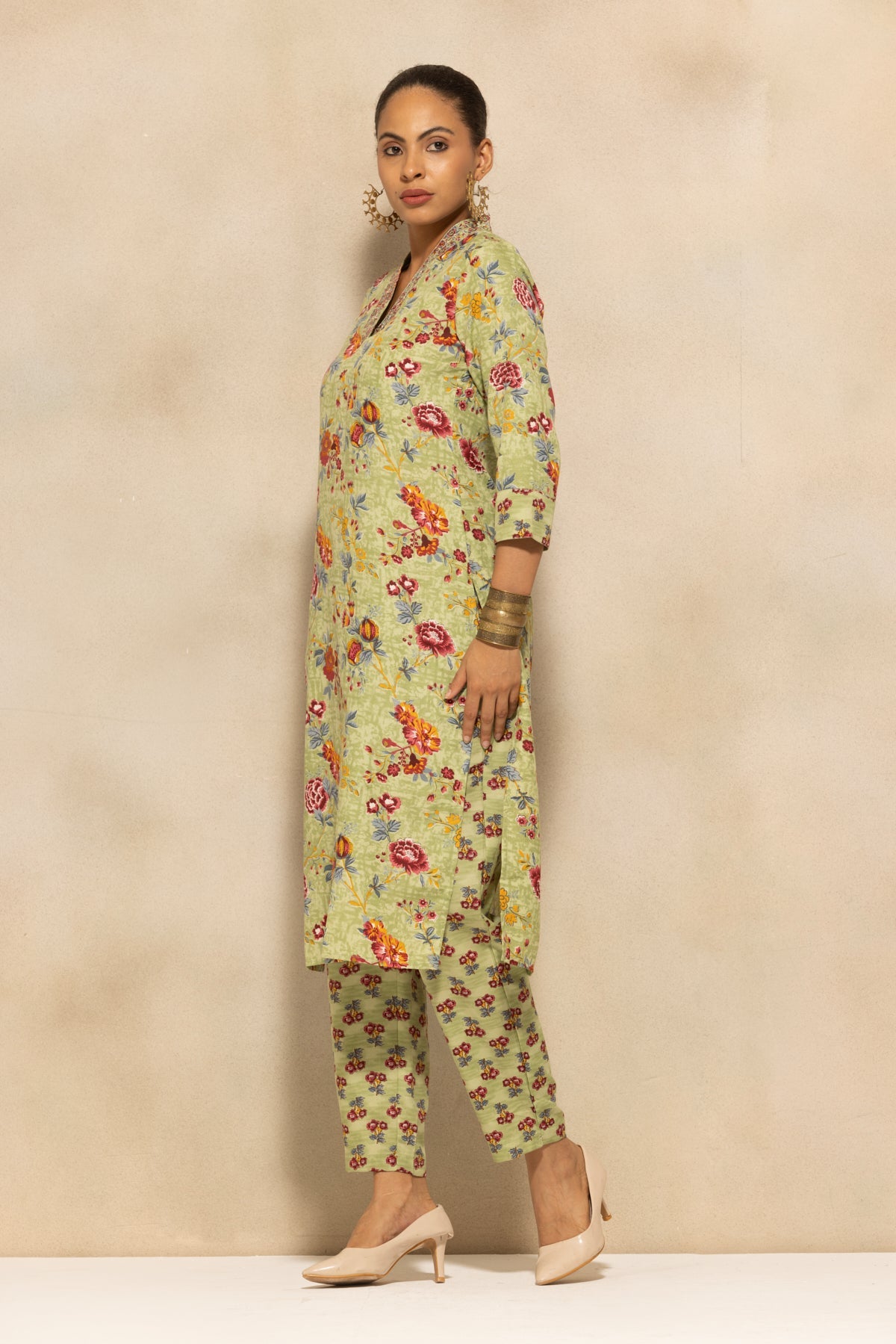 Green Floral Printed Kurta 3 Pcs Set
