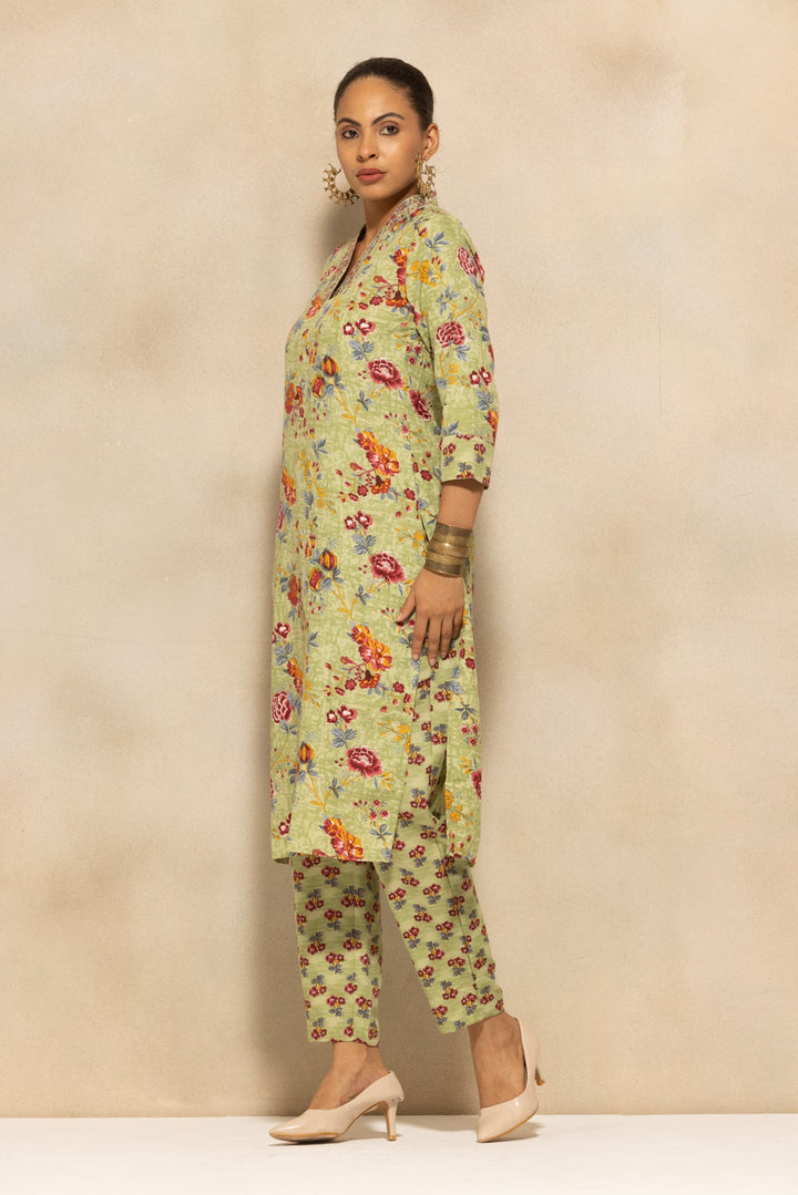 Green Floral Printed Kurta 3 Pcs Set