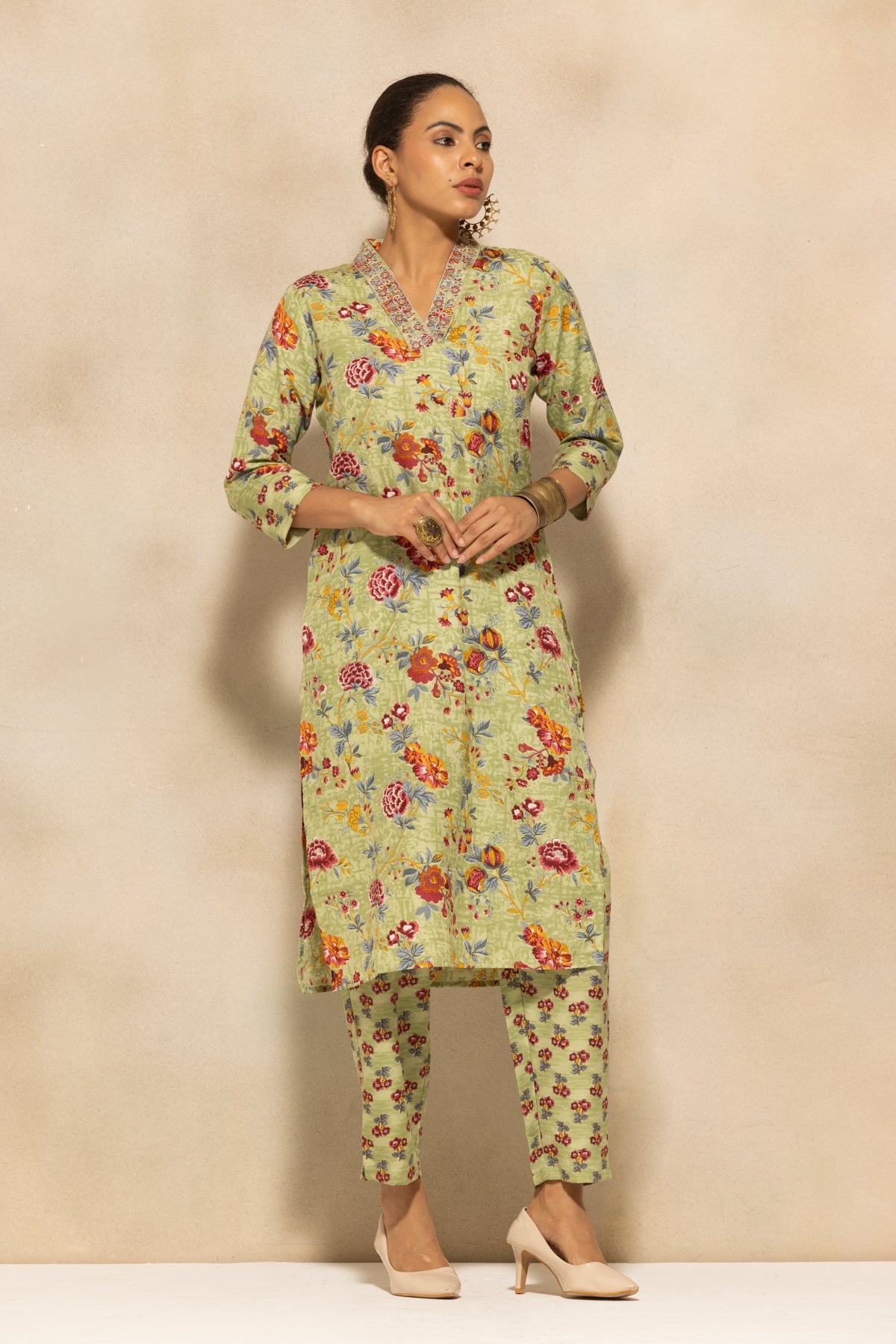 Green Floral Printed Kurta 3 Pcs Set