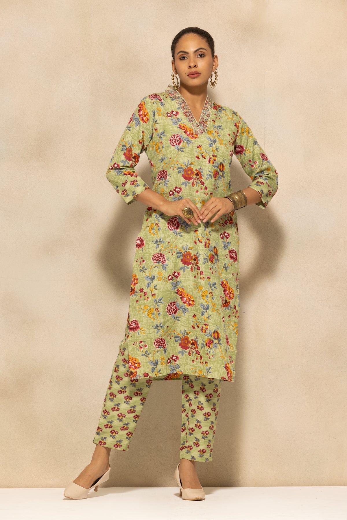 Green Floral Printed Kurta 3 Pcs Set