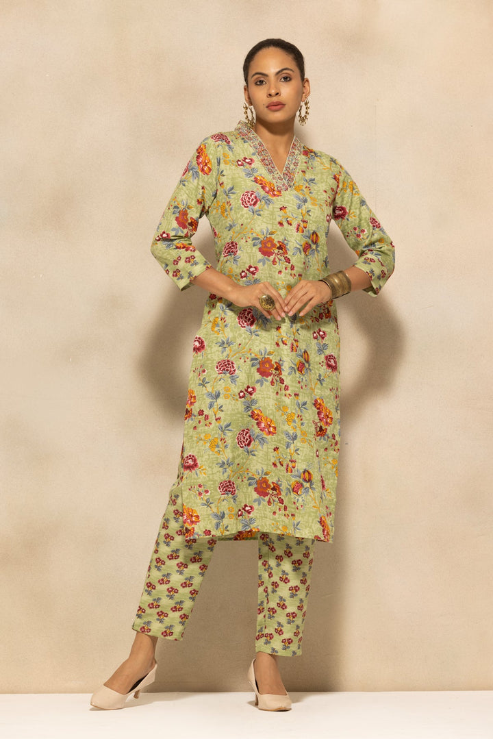 Green Floral Printed Kurta 3 Pcs Set