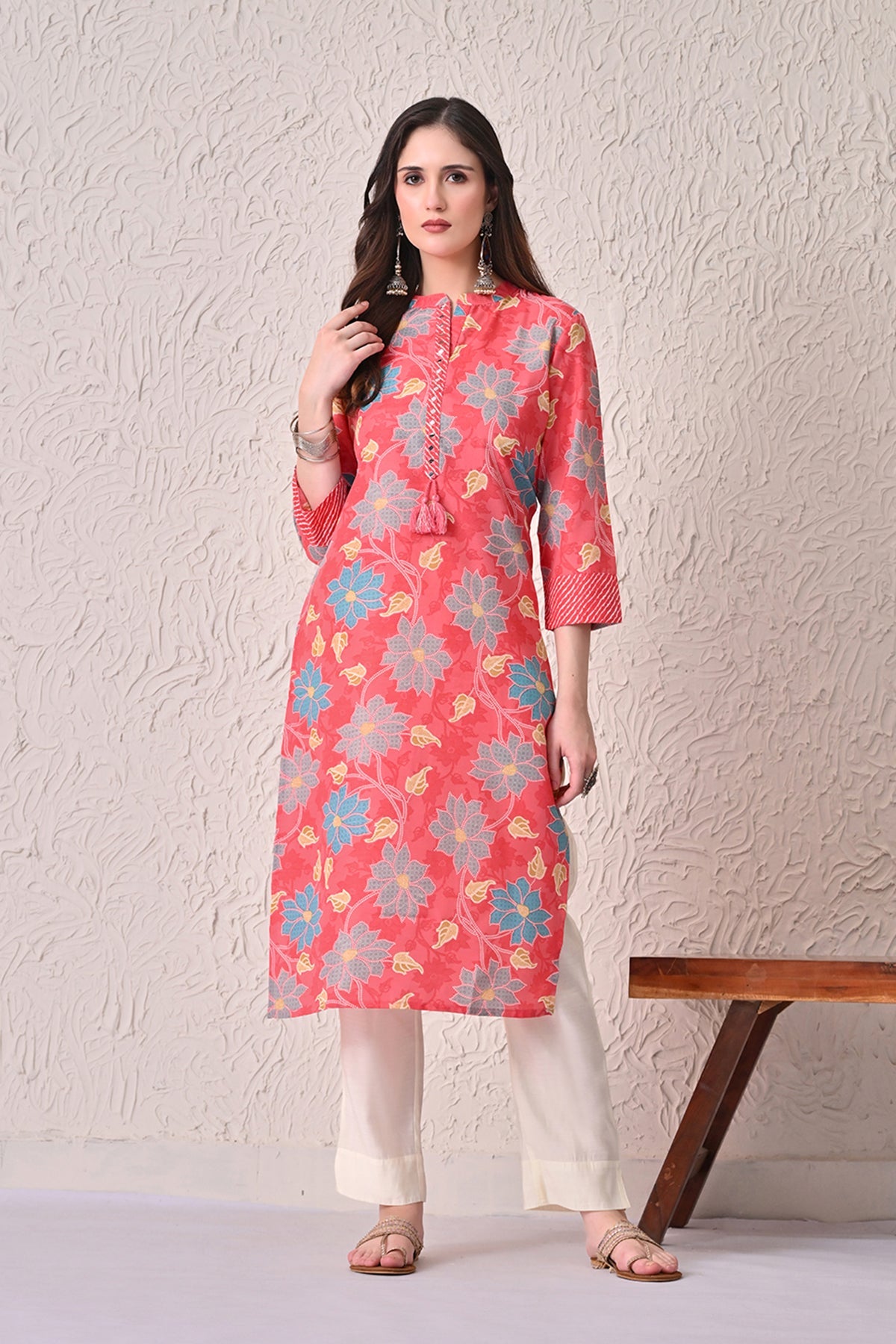 Coral Pink Floral Kurta