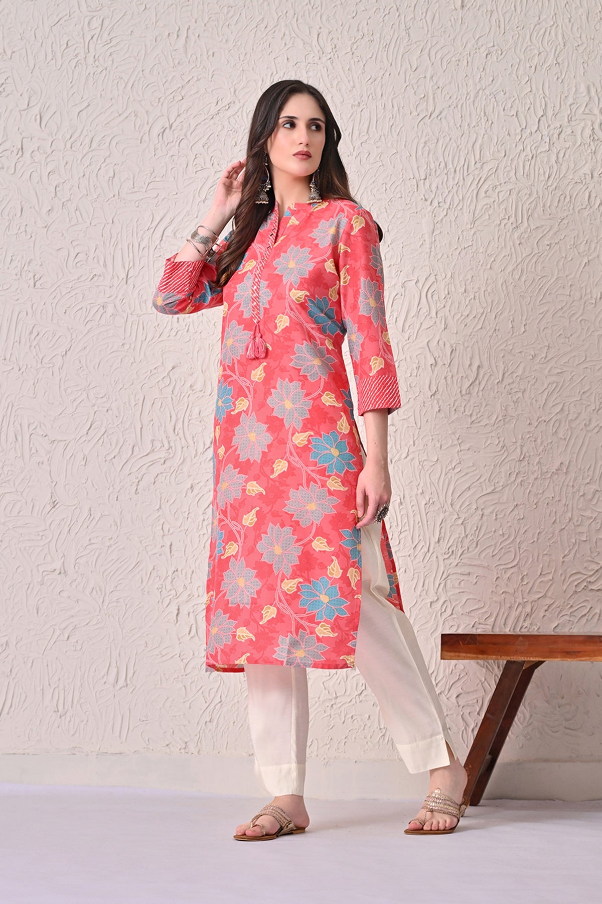 Coral Pink Floral Kurta