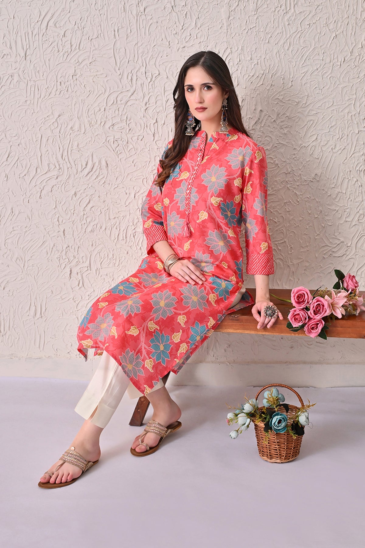 Coral Pink Floral Kurta