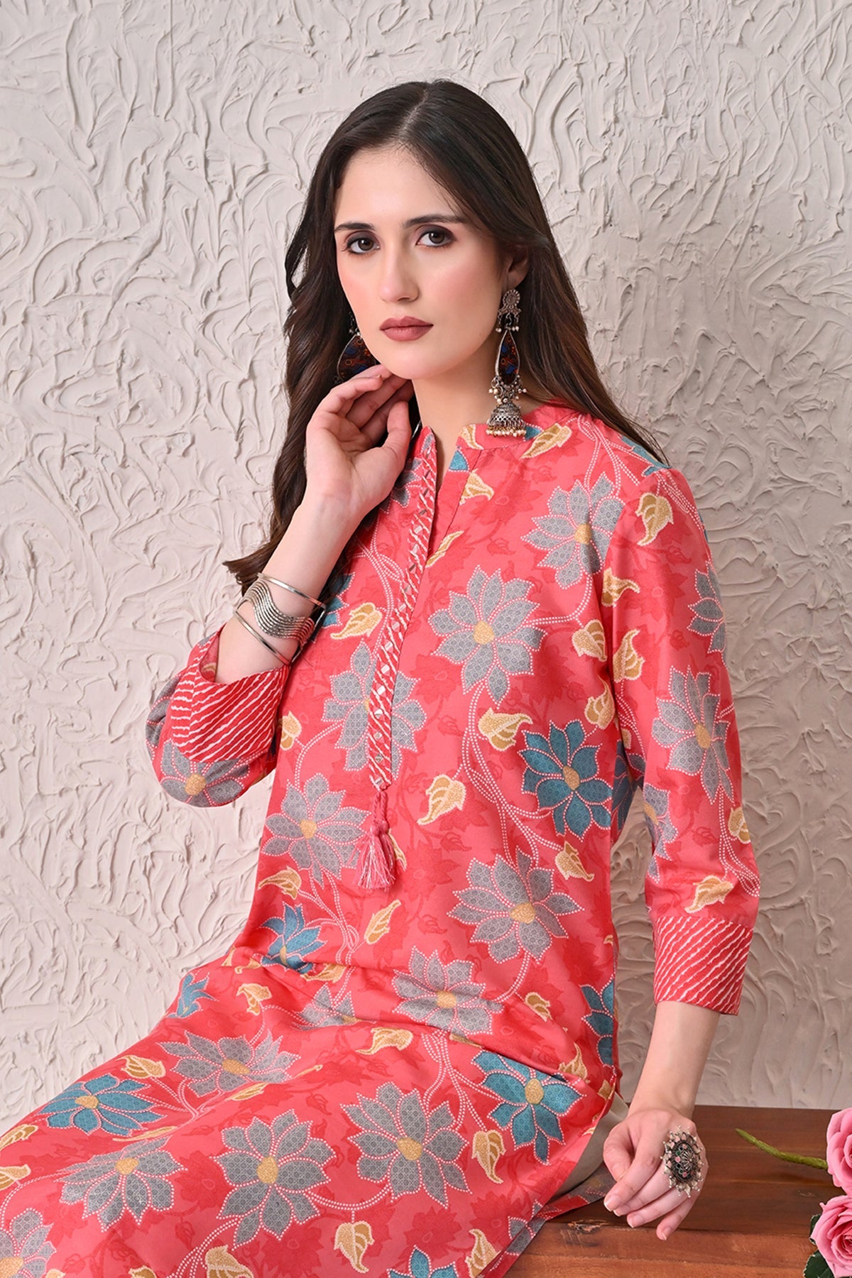 Coral Pink Floral Kurta