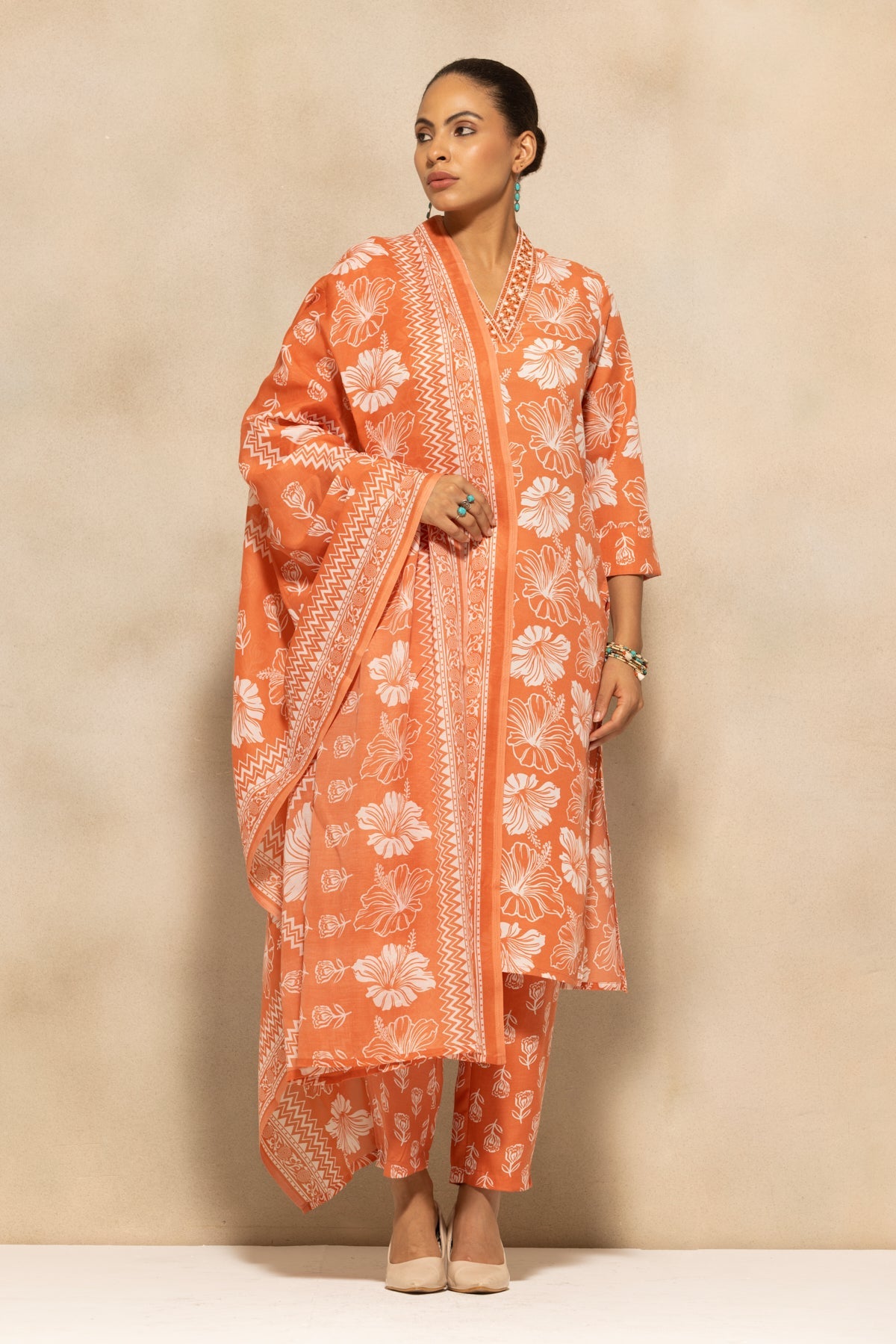 Orange Floral Printed Kurta 3 Pcs Set