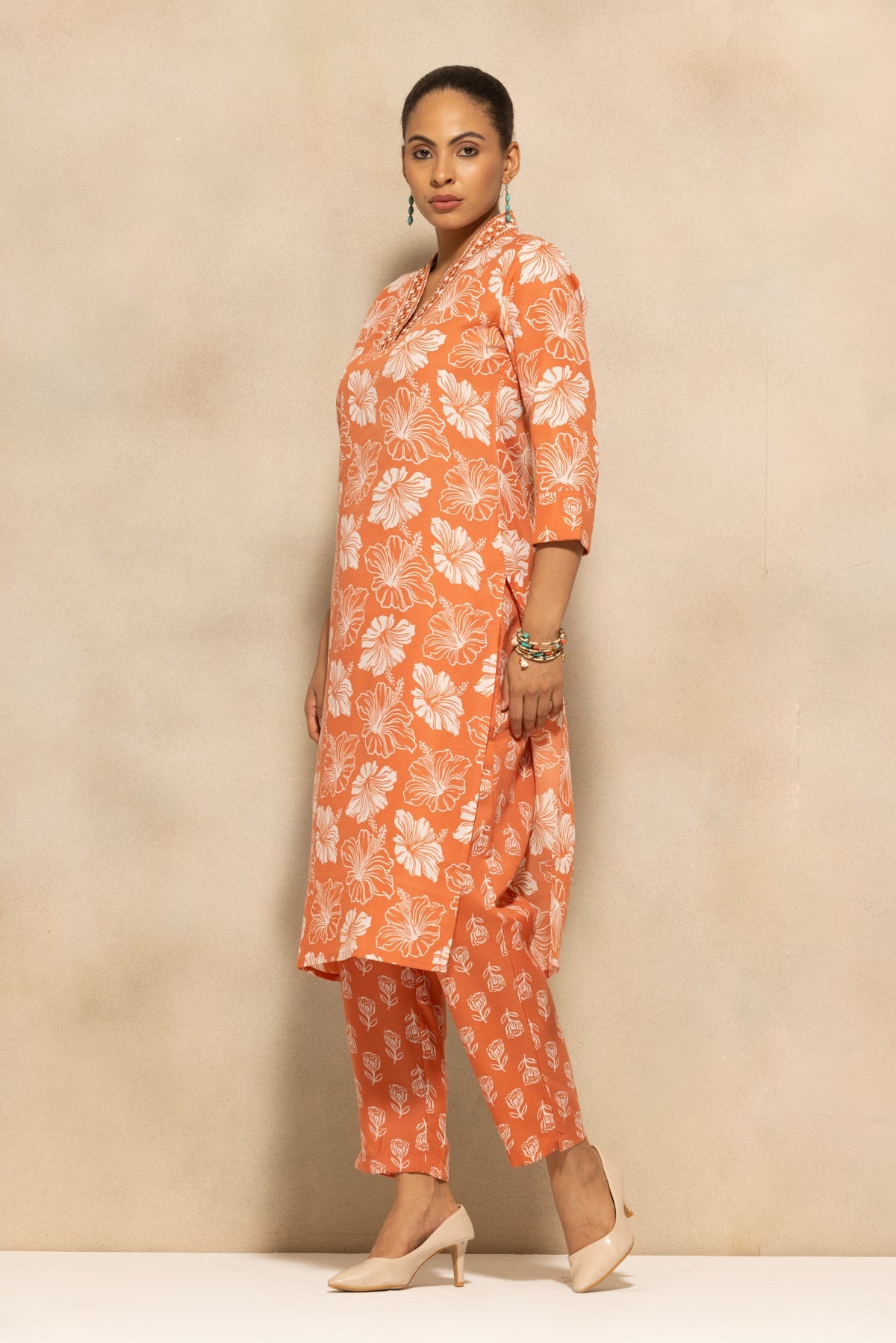 Orange Floral Printed Kurta 3 Pcs Set