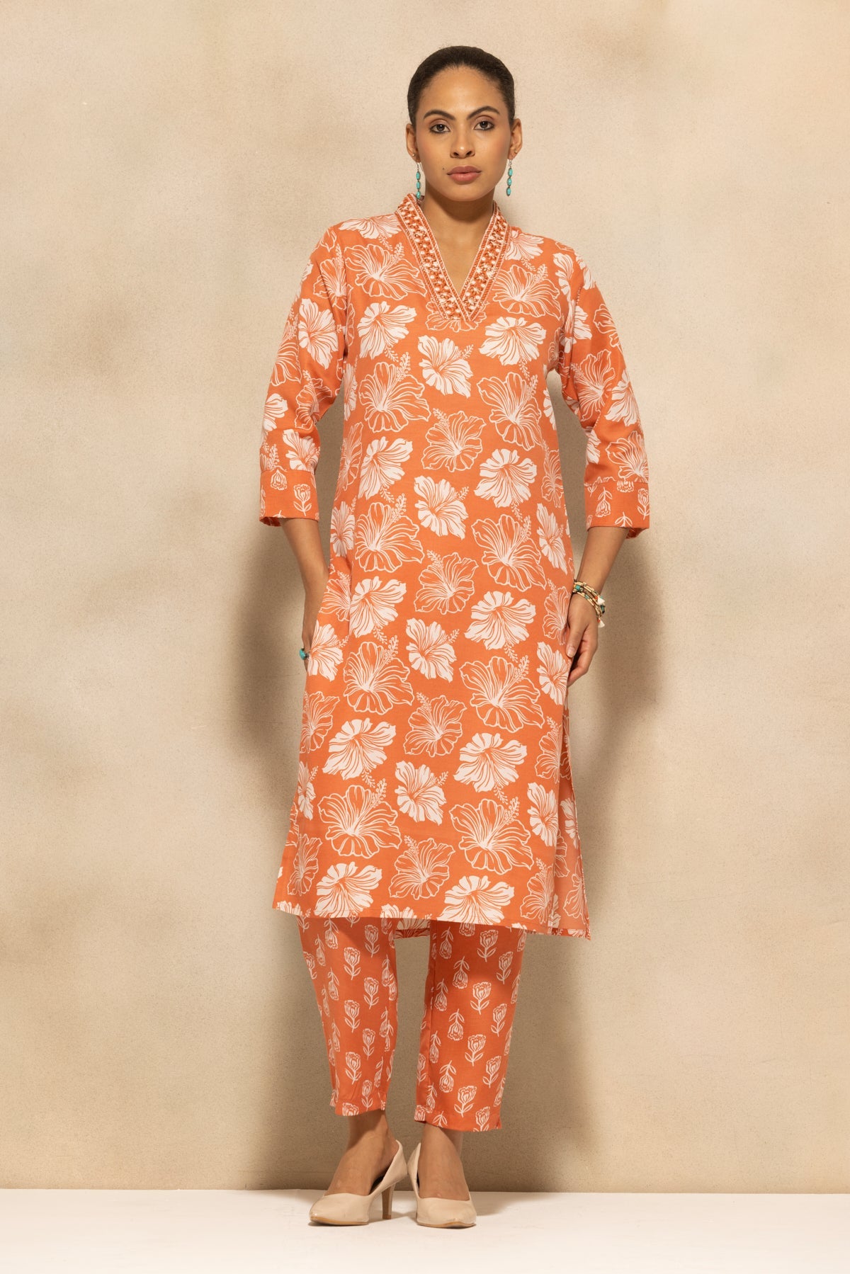 Orange Floral Printed Kurta 3 Pcs Set