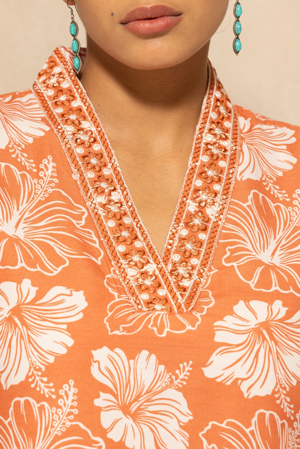 Orange Floral Printed Kurta 3 Pcs Set