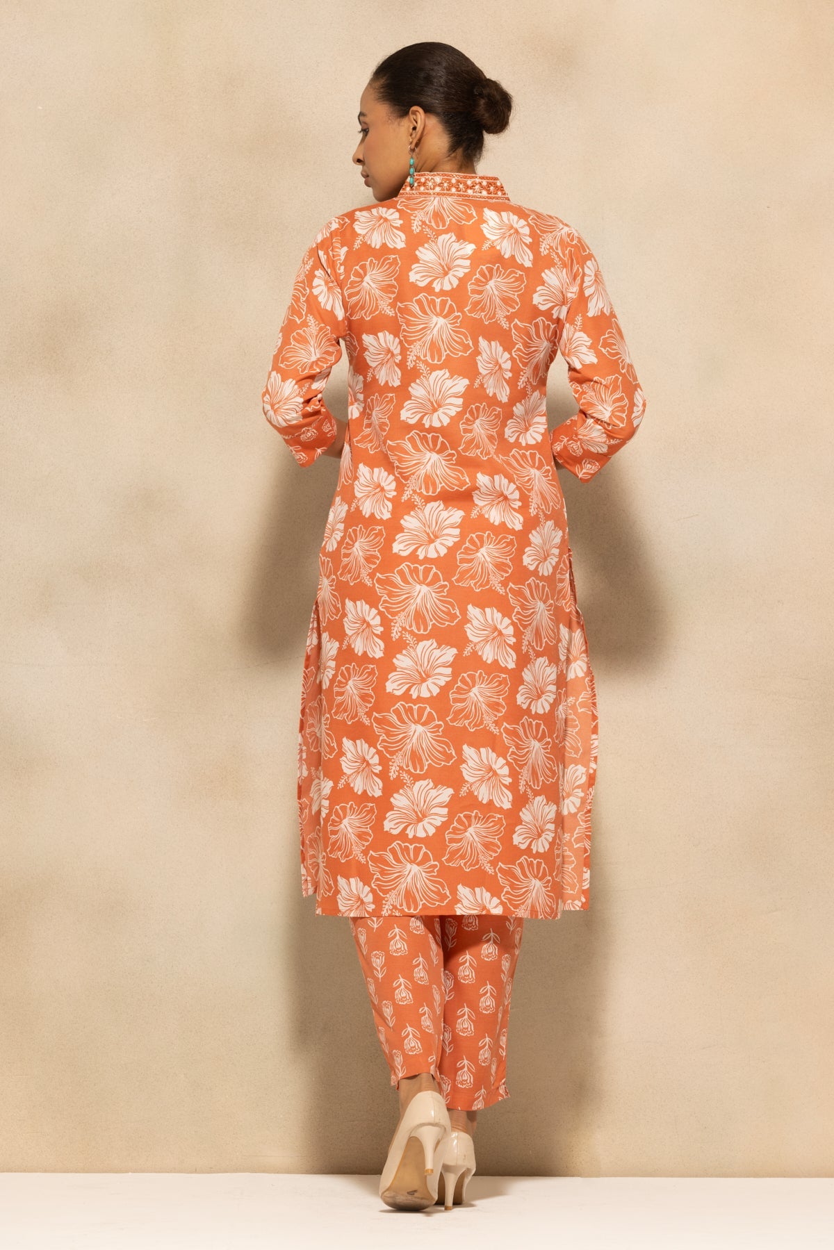 Orange Floral Printed Kurta 3 Pcs Set