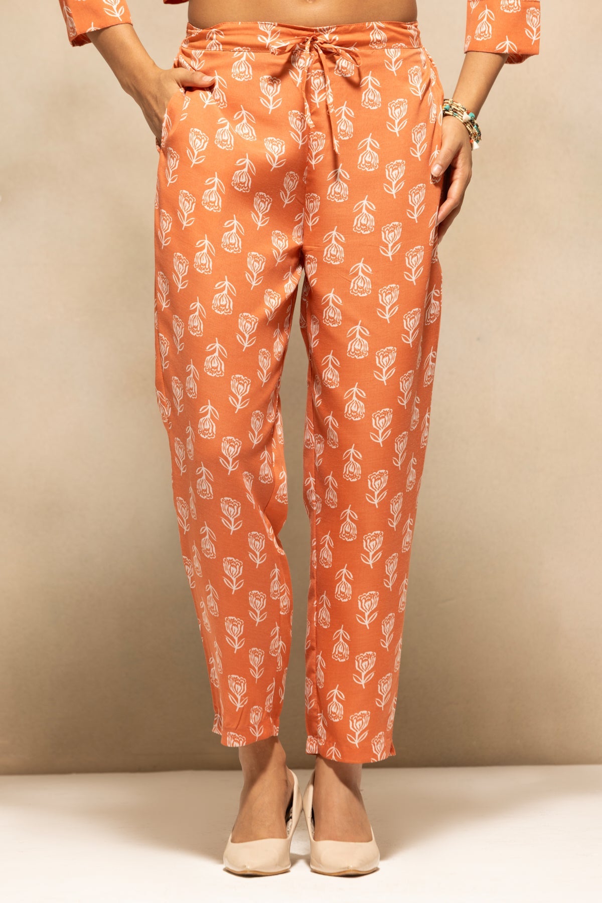 Orange Floral Printed Kurta 3 Pcs Set