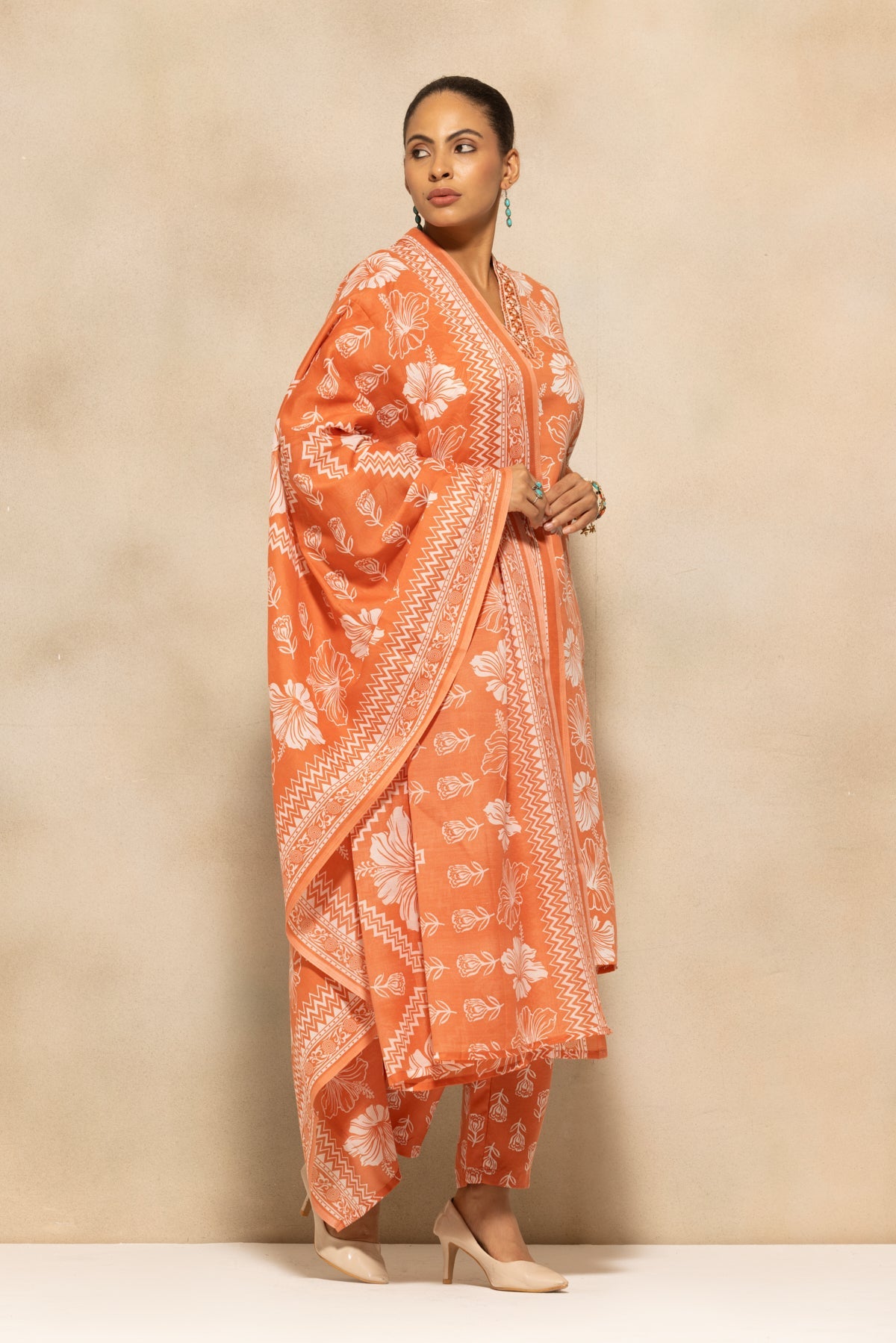 Orange Floral Printed Kurta 3 Pcs Set