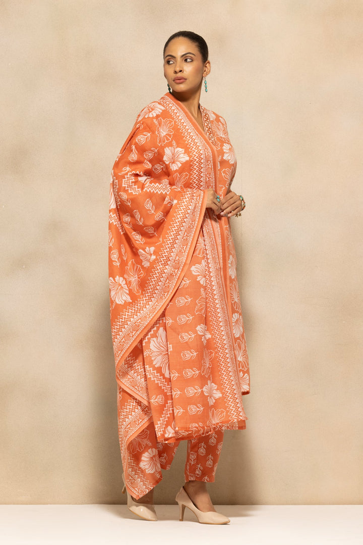 Orange Floral Printed Kurta 3 Pcs Set