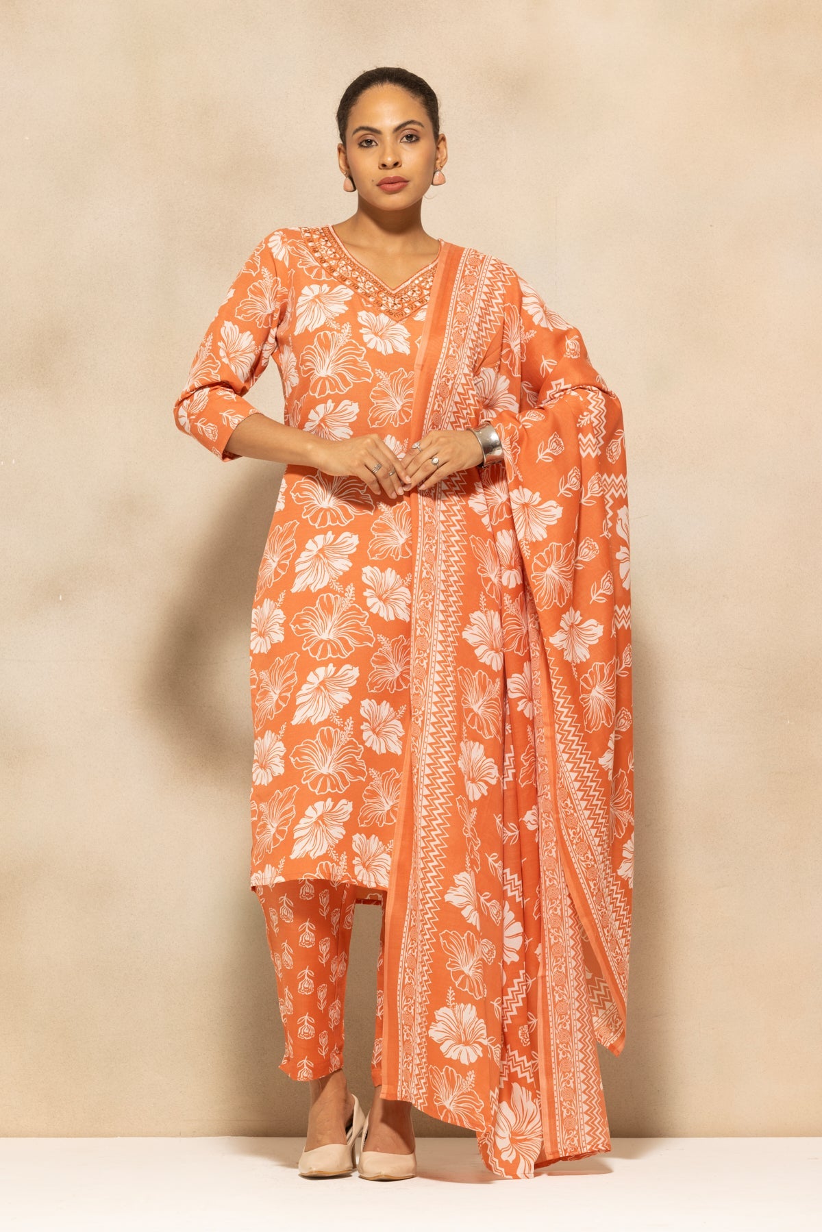 Rust Printed Kurta 3 Pcs Set