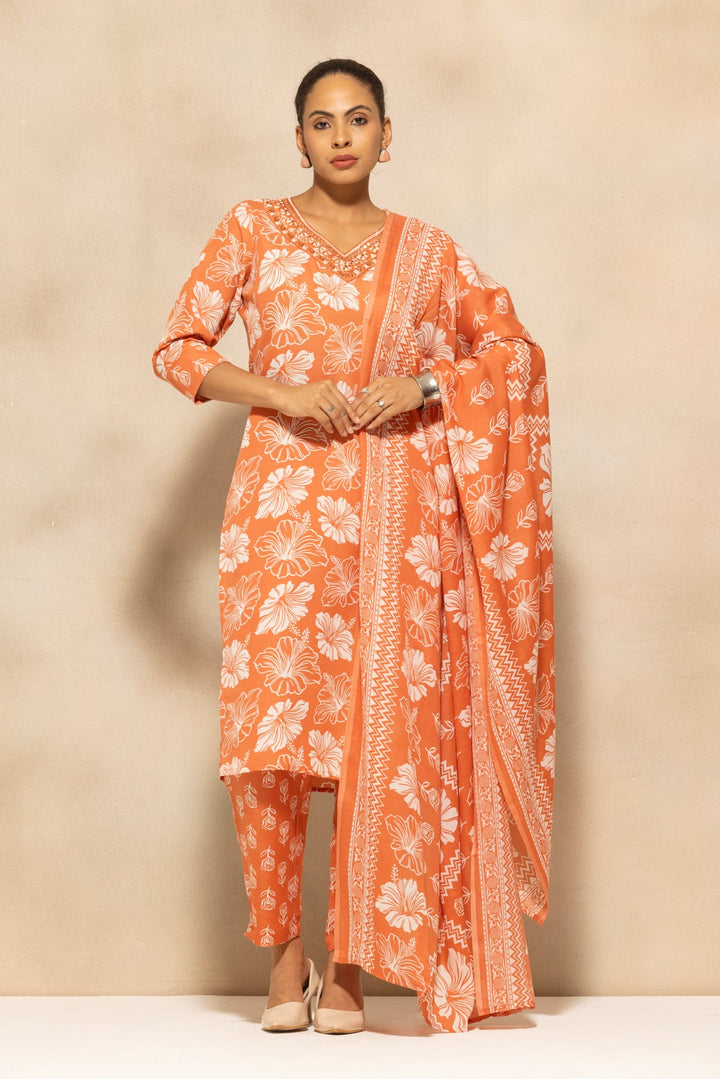Rust Printed Kurta 3 Pcs Set