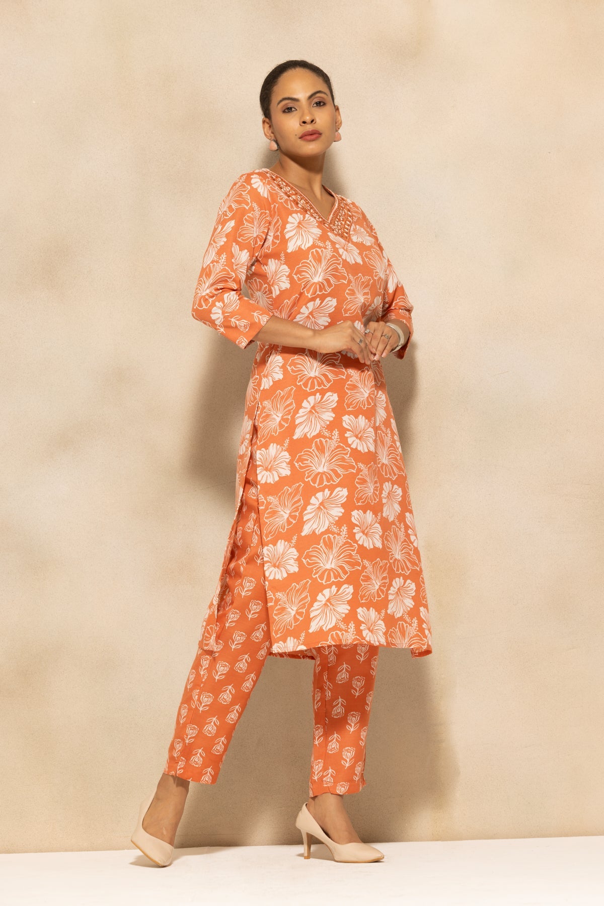 Rust Printed Kurta 3 Pcs Set