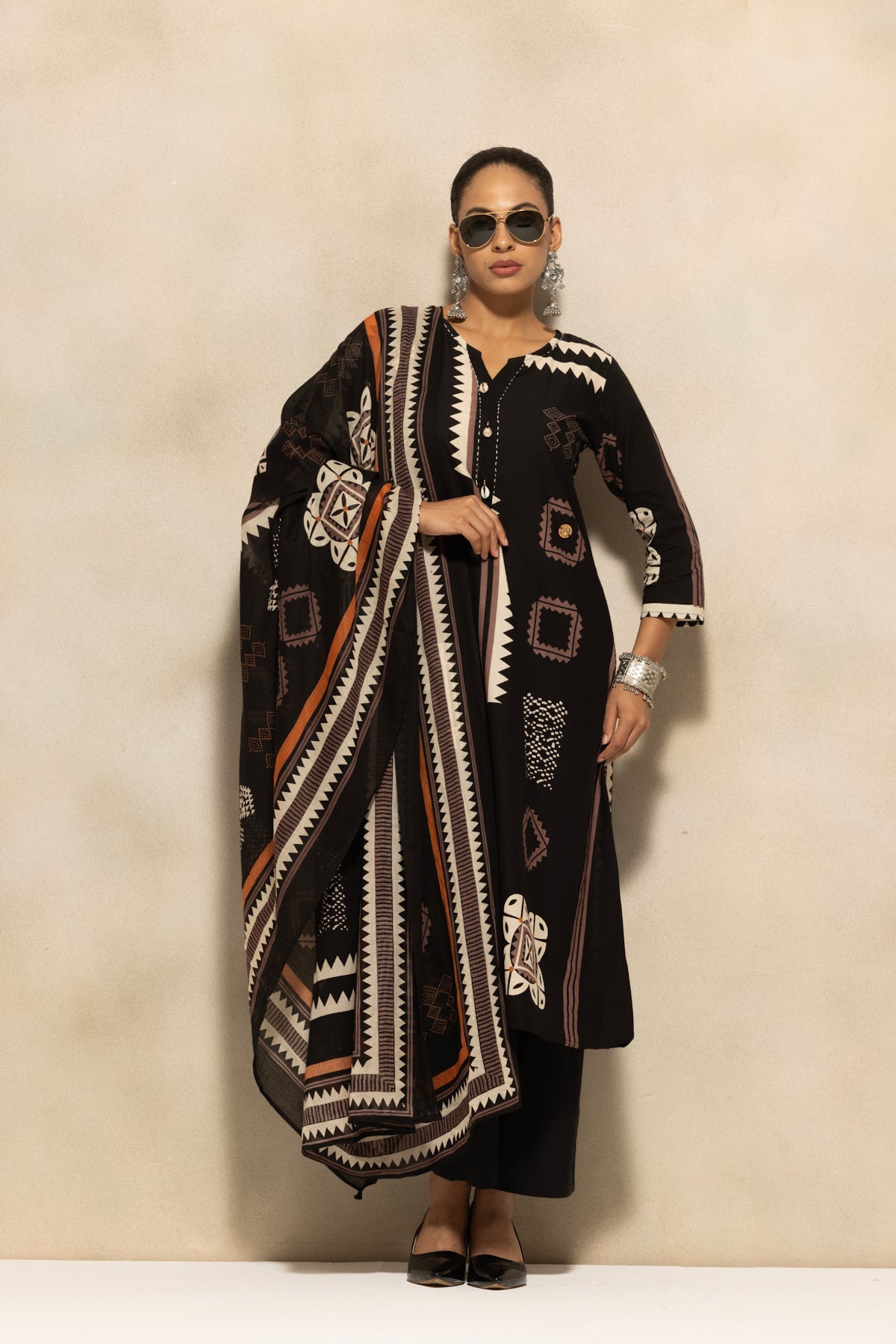 Black Printed A-line Kurta 3 Pcs Set