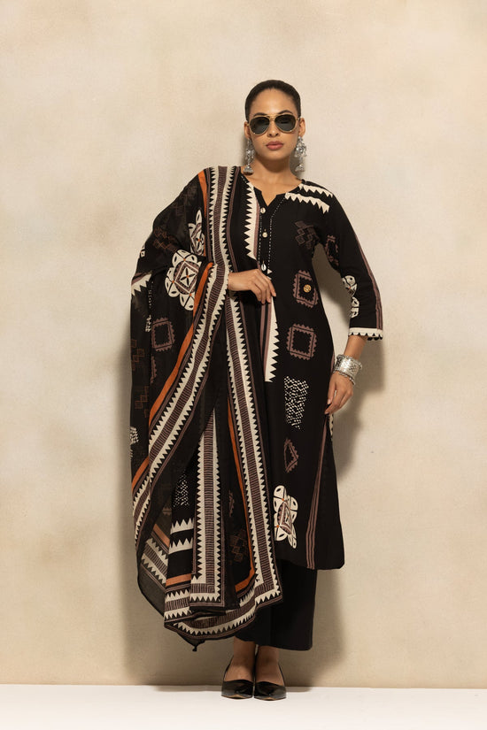 Black Printed A-line Kurta 3 Pcs Set