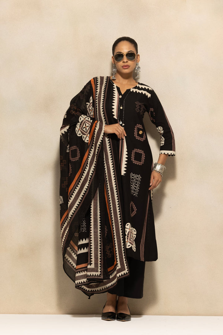 Black Printed A-line Kurta 3 Pcs Set